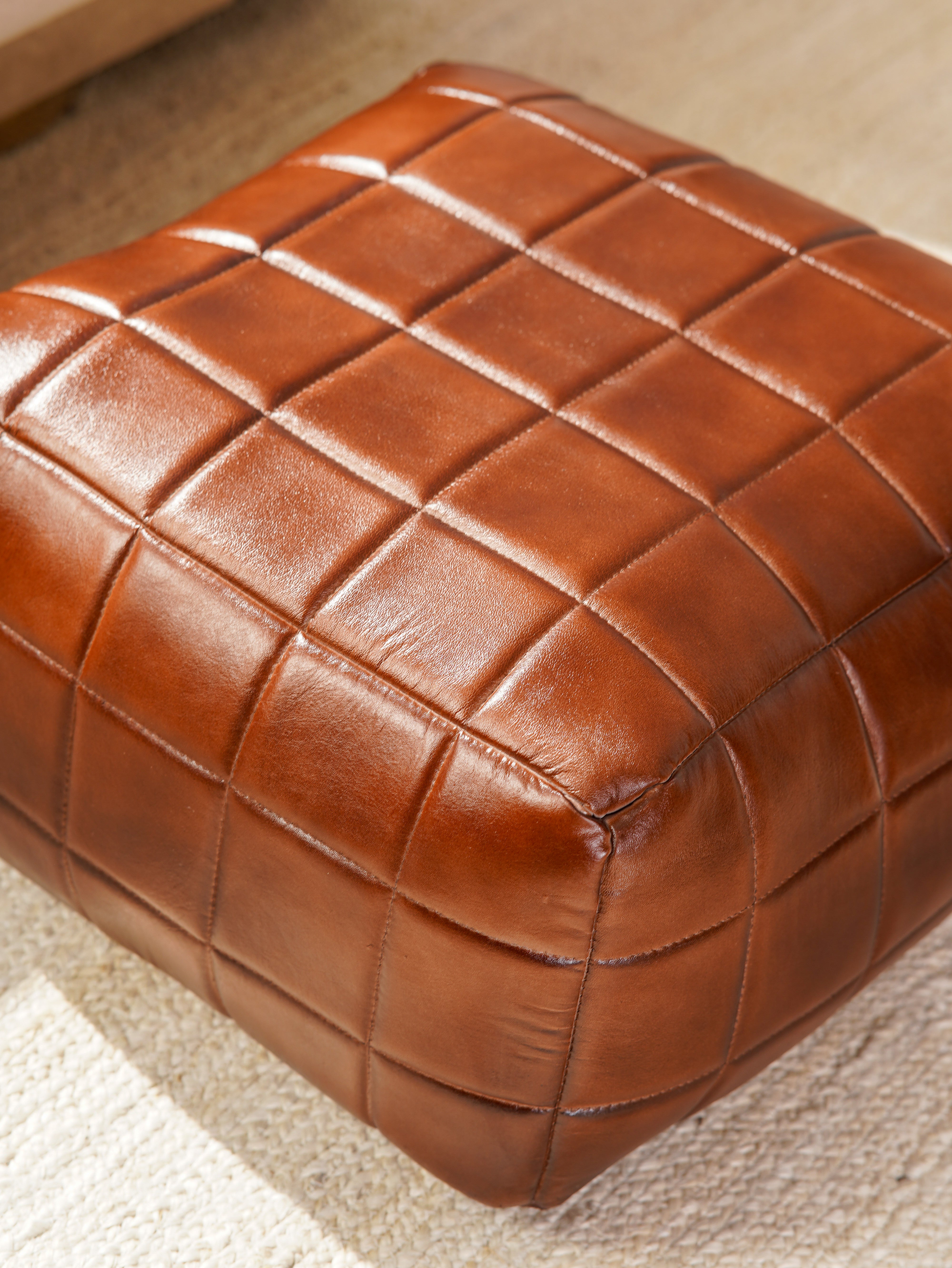 Metro Grid Leather Pouf – Square Ottoman | Handmade | Black & Brown | Filled