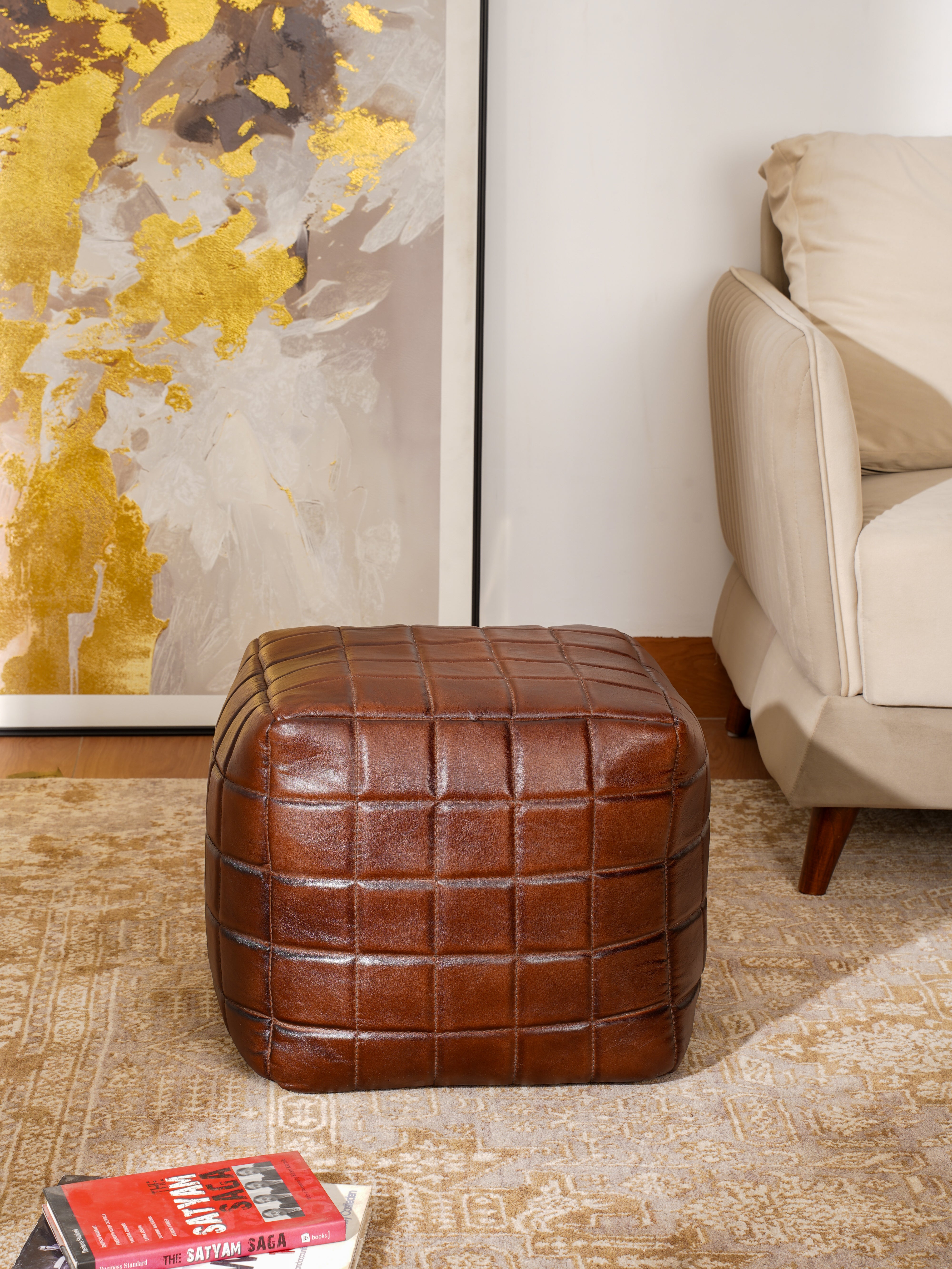Metro Grid Leather Pouf – Square Ottoman | Handmade | Black & Brown | Filled
