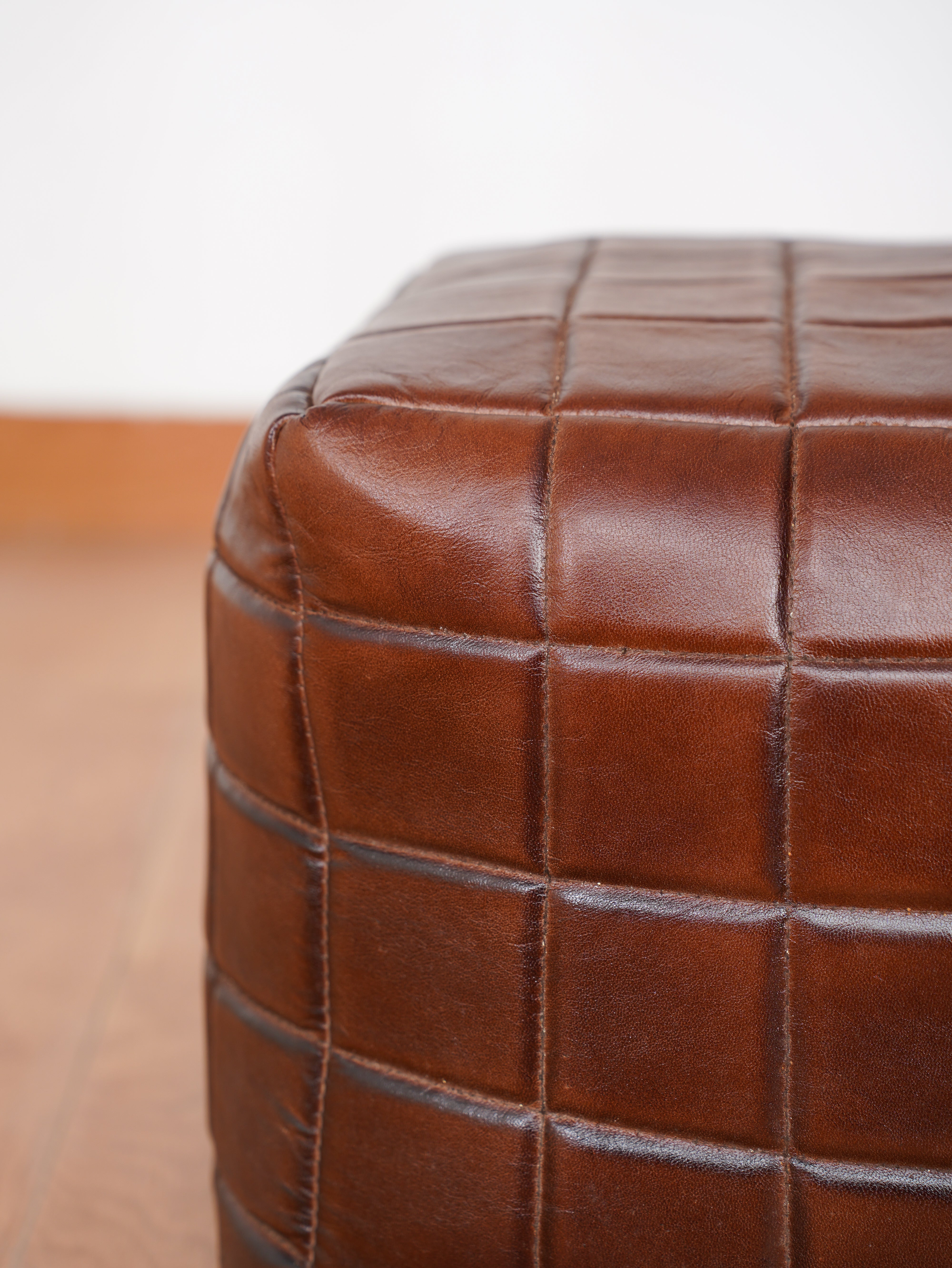 Metro Grid Leather Pouf – Square Ottoman | Handmade | Black & Brown | Filled