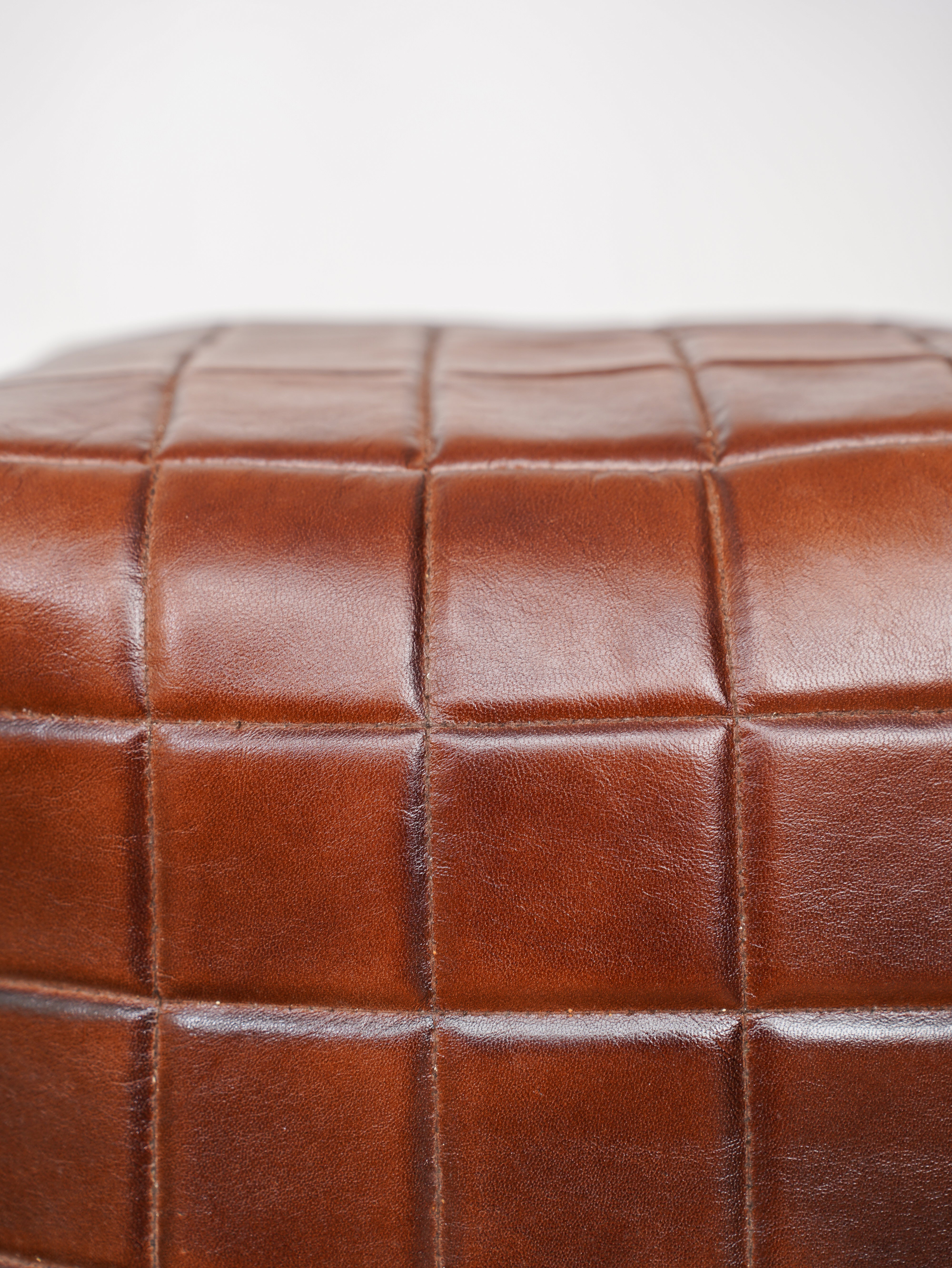 Metro Grid Leather Pouf – Square Ottoman | Handmade | Black & Brown | Filled