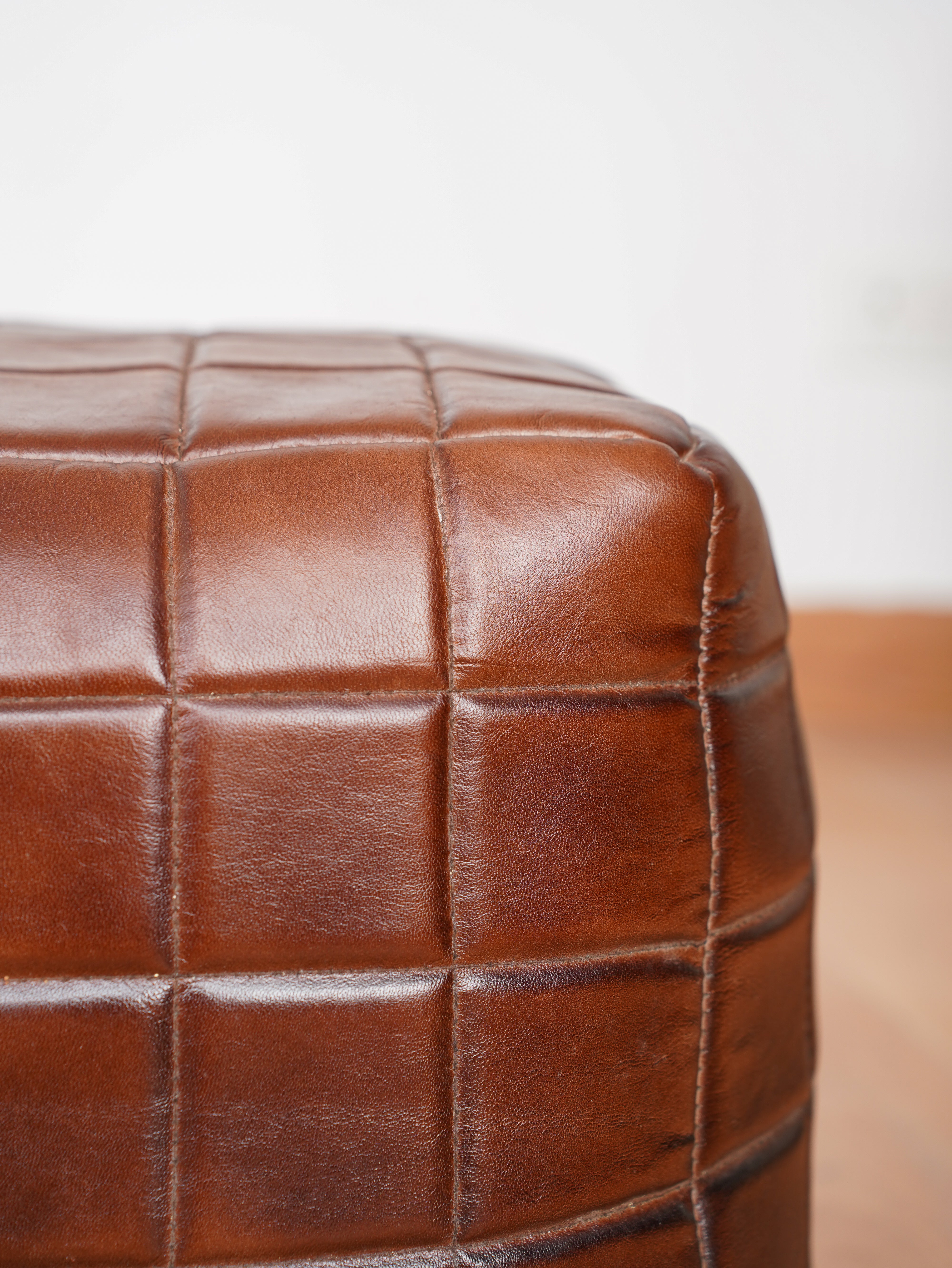 Metro Grid Leather Pouf – Square Ottoman | Handmade | Black & Brown | Filled
