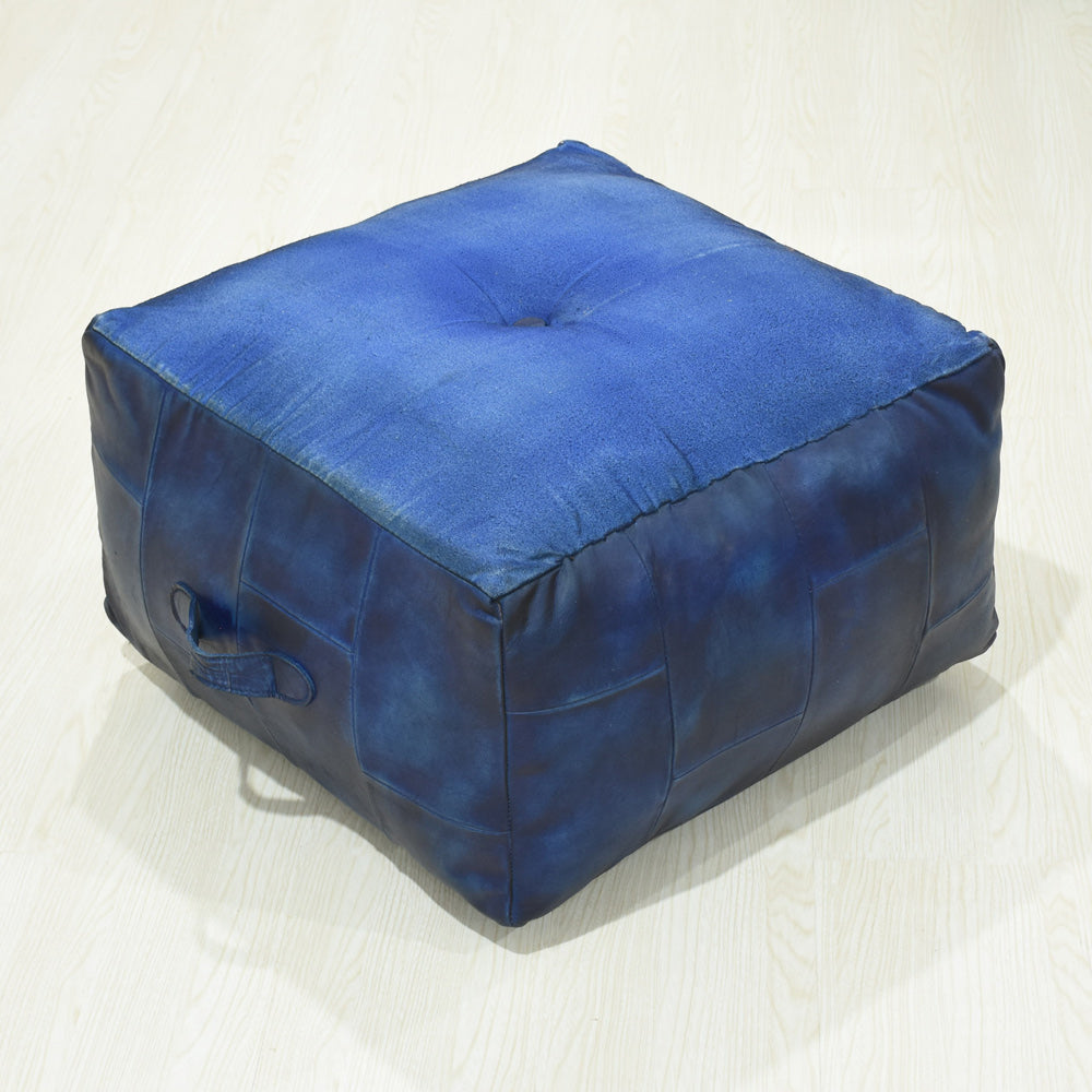 Metropolitan Luxe Blue Leather Pouf – Square Ottoman | Handmade | Vintage Blue | Filled