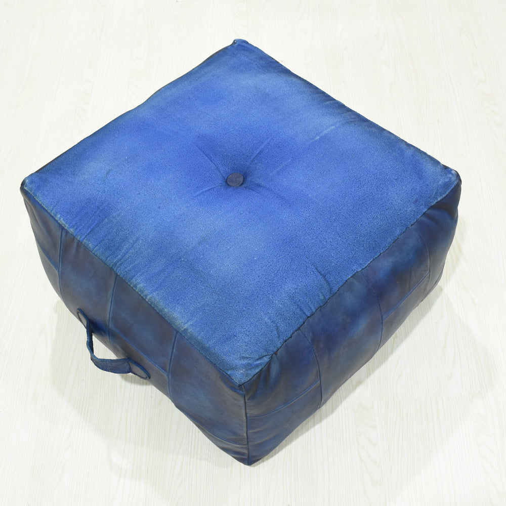 Metropolitan Luxe Blue Leather Pouf – Square Ottoman | Handmade | Vintage Blue | Filled