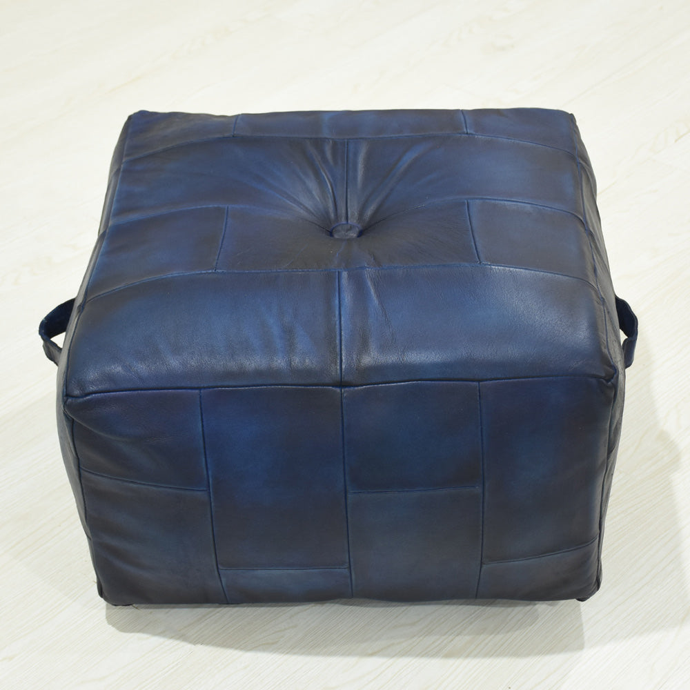 Metropolitan Luxe Blue Leather Pouf – Square Ottoman | Handmade | Vintage Blue | Filled