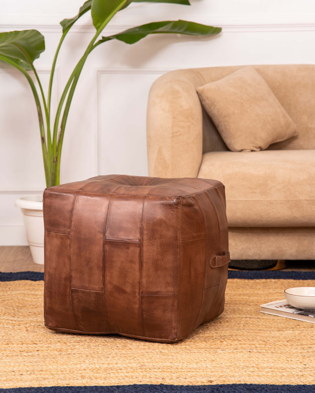 Square Buffalo Leather Pouf – Classic Cognac Ottoman | Handmade | Filled