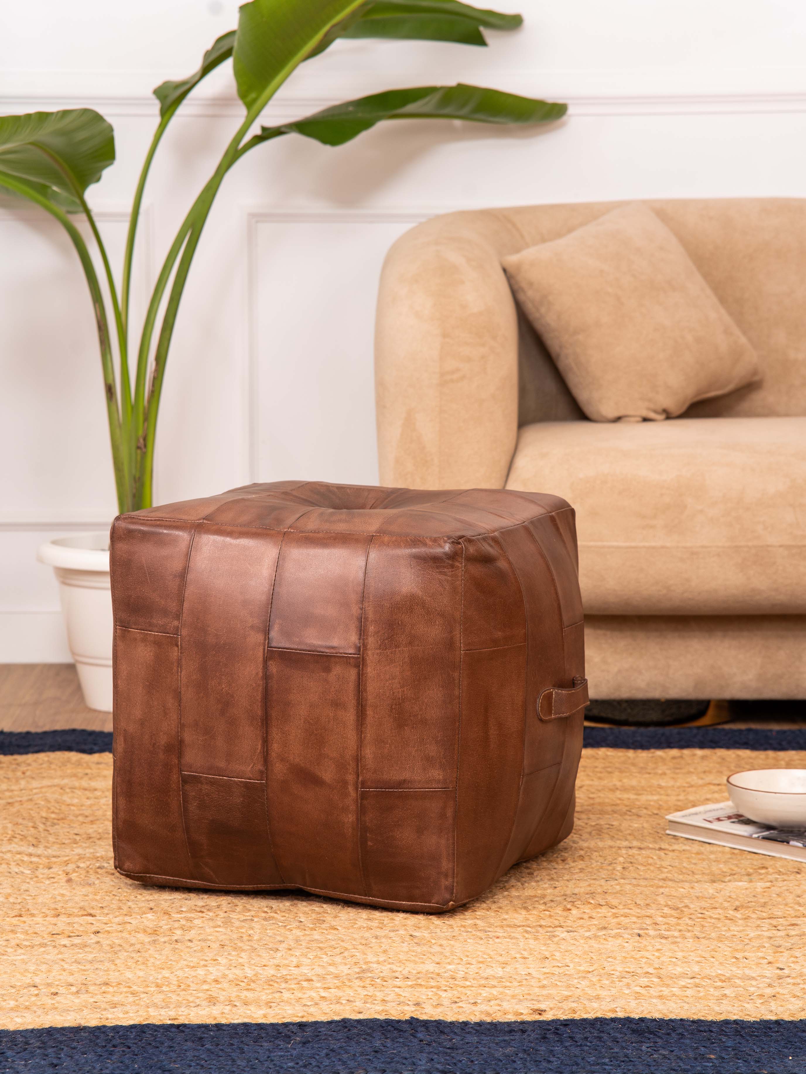 Classic Cognac Leather Pouf