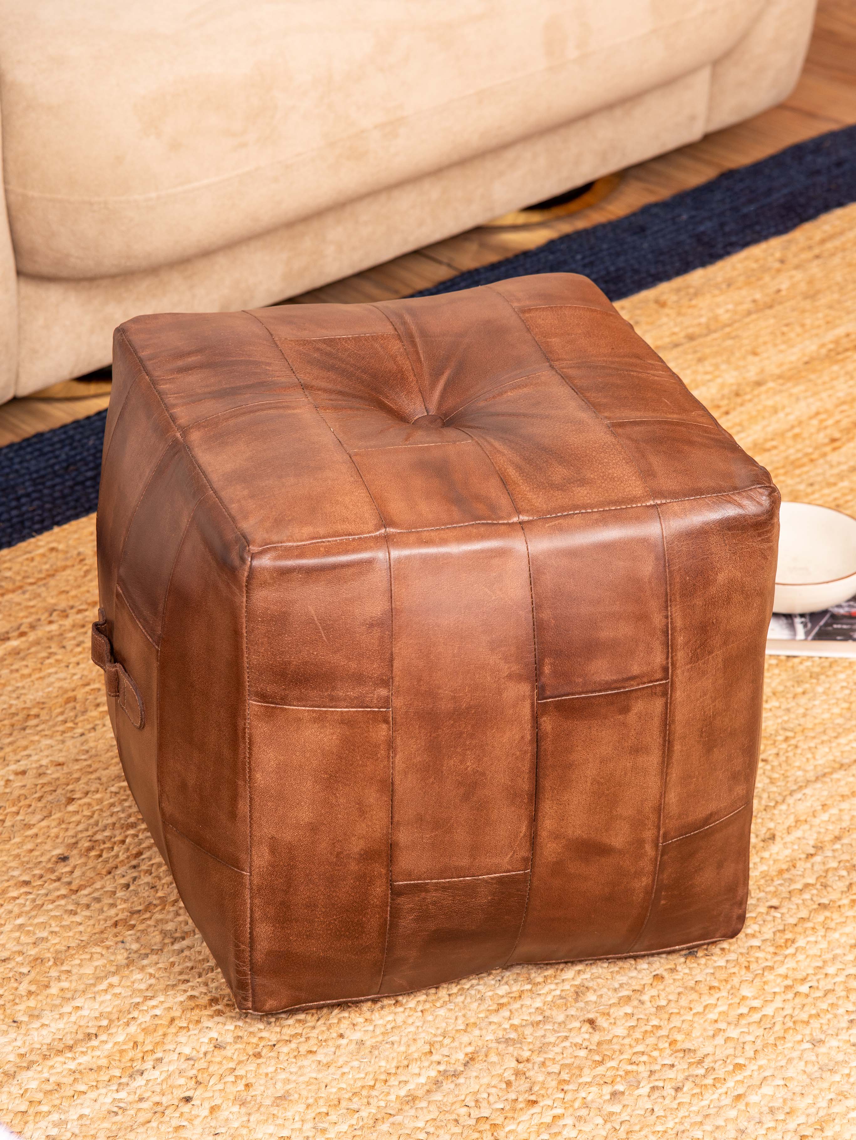 Square Buffalo Leather Pouf – Classic Cognac Ottoman | Handmade | Filled