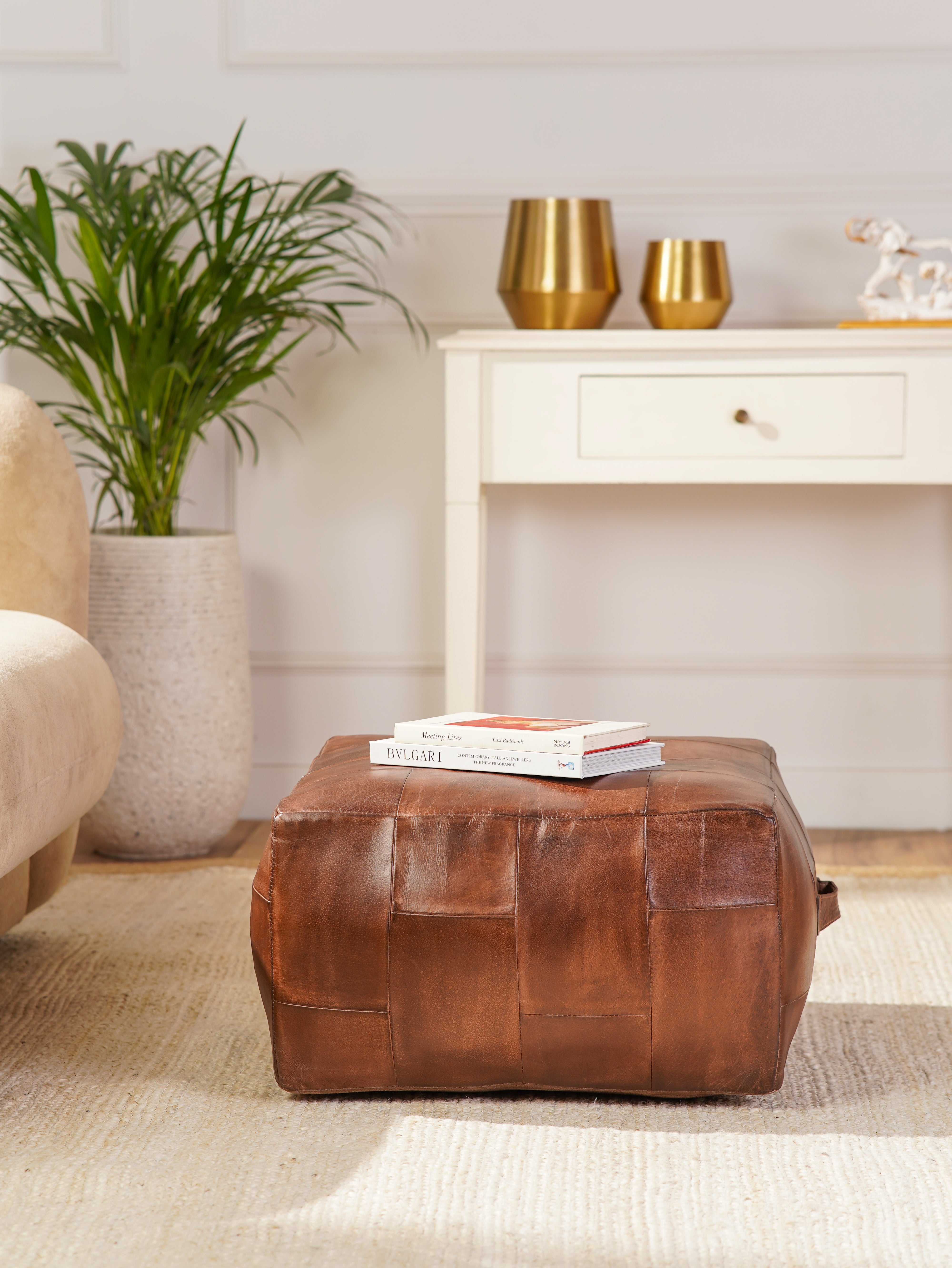 Square Buffalo Leather Pouf – Classic Cognac Ottoman | Handmade | Filled