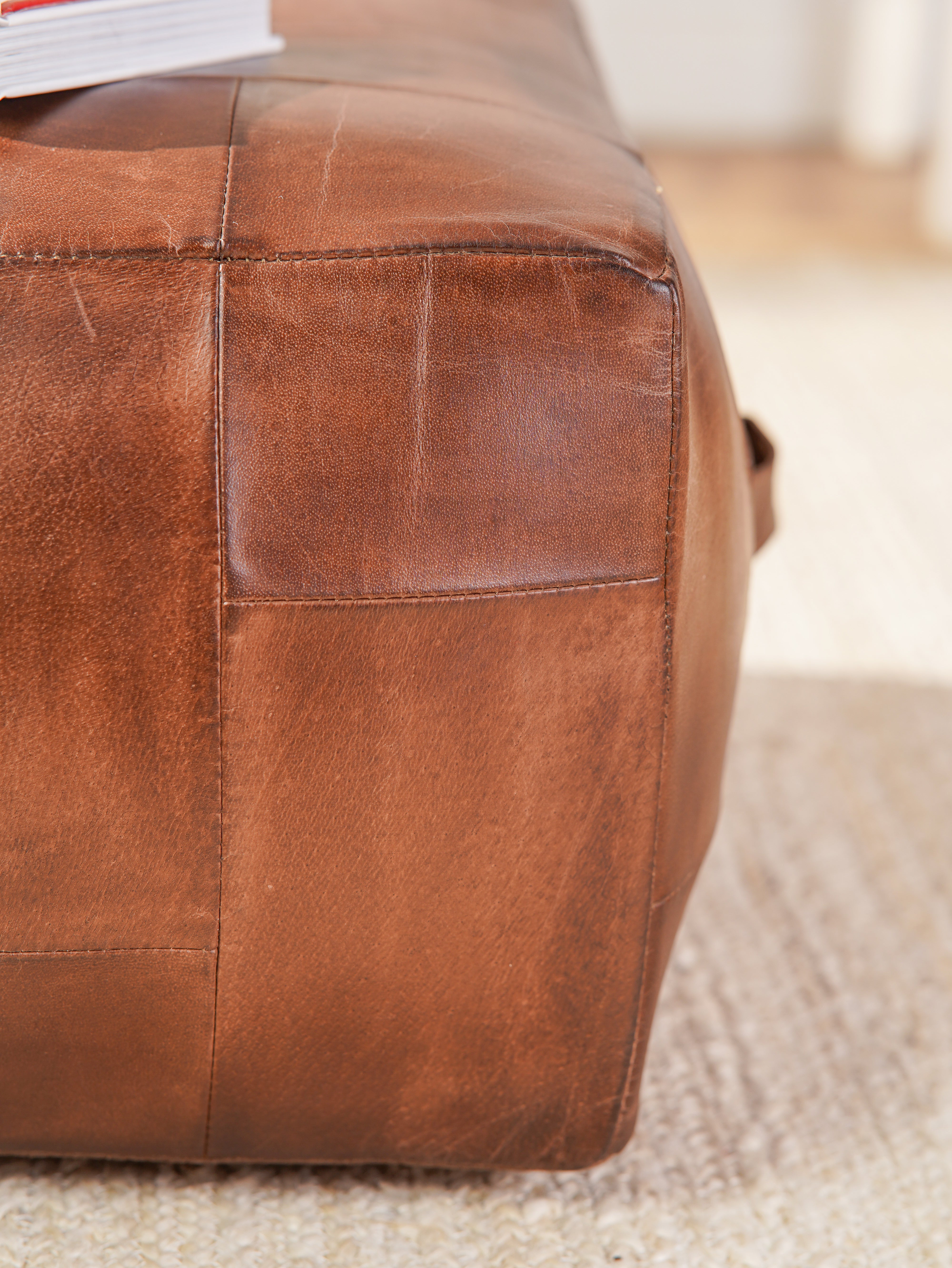Square Buffalo Leather Pouf – Classic Cognac Ottoman | Handmade | Filled