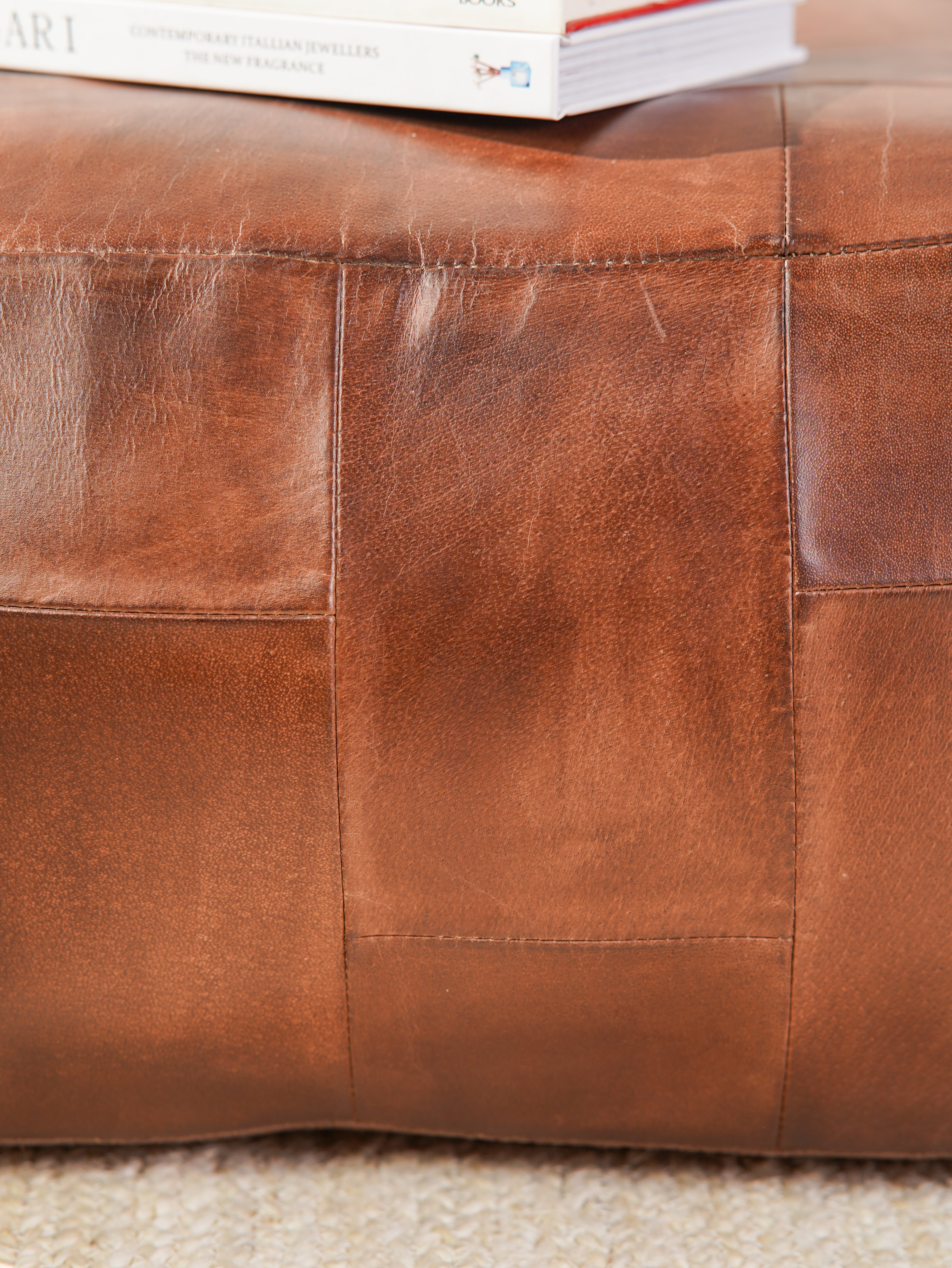 Square Buffalo Leather Pouf – Classic Cognac Ottoman | Handmade | Filled