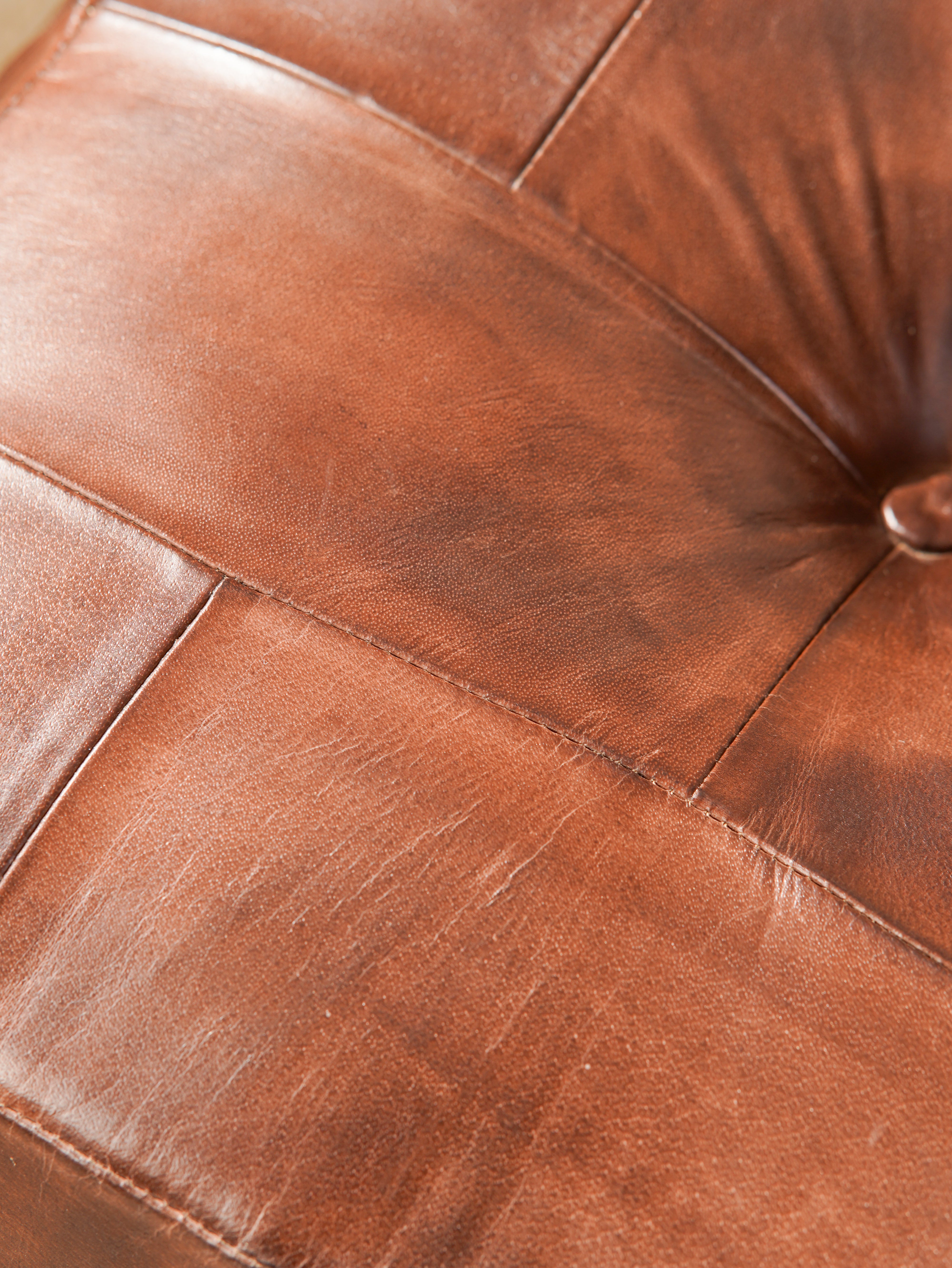Square Buffalo Leather Pouf – Classic Cognac Ottoman | Handmade | Filled