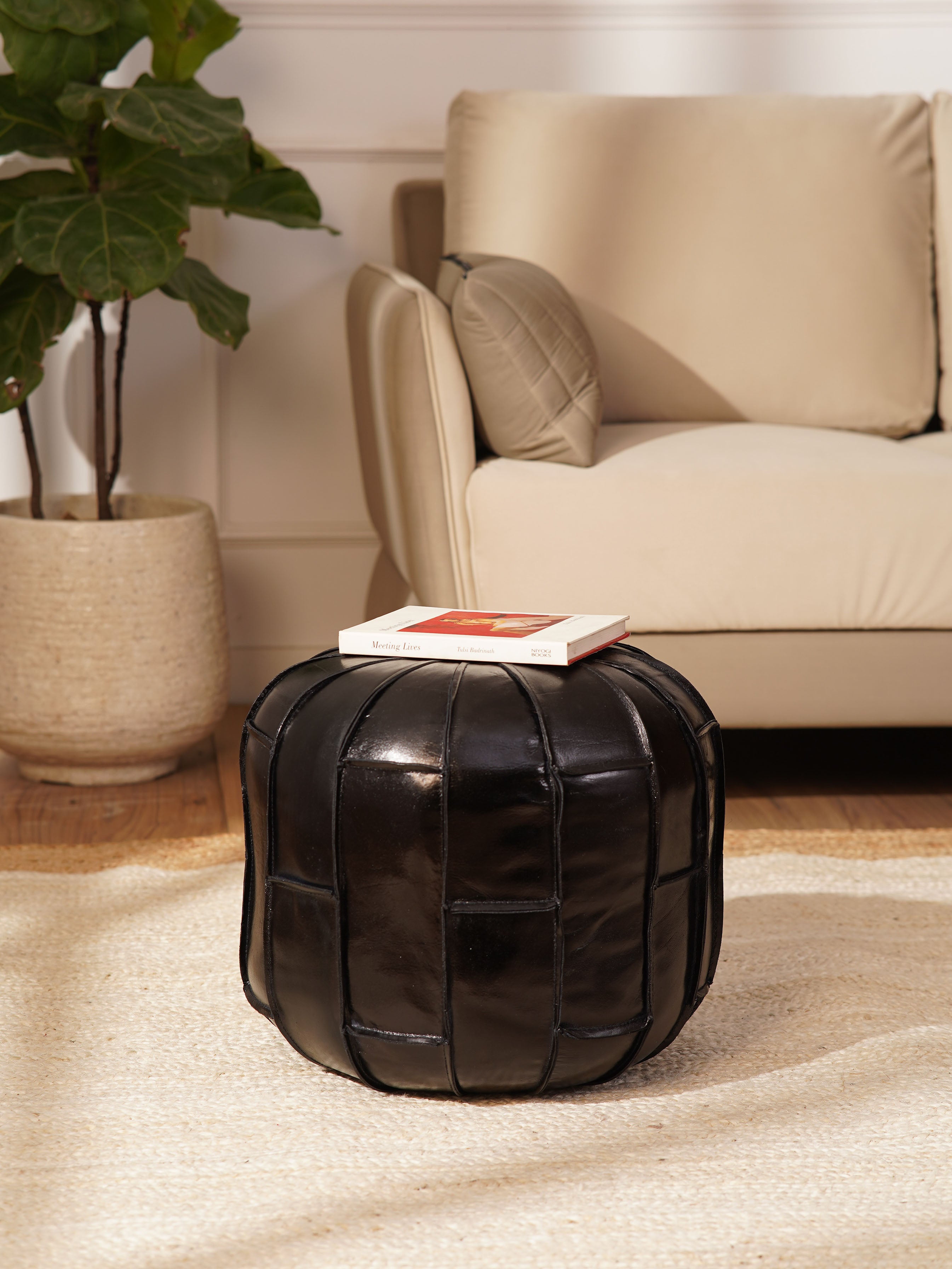 Round Buffalo Leather Pouf – Prairie Stitch Ottoman | Handmade | Black & Brown | Filled