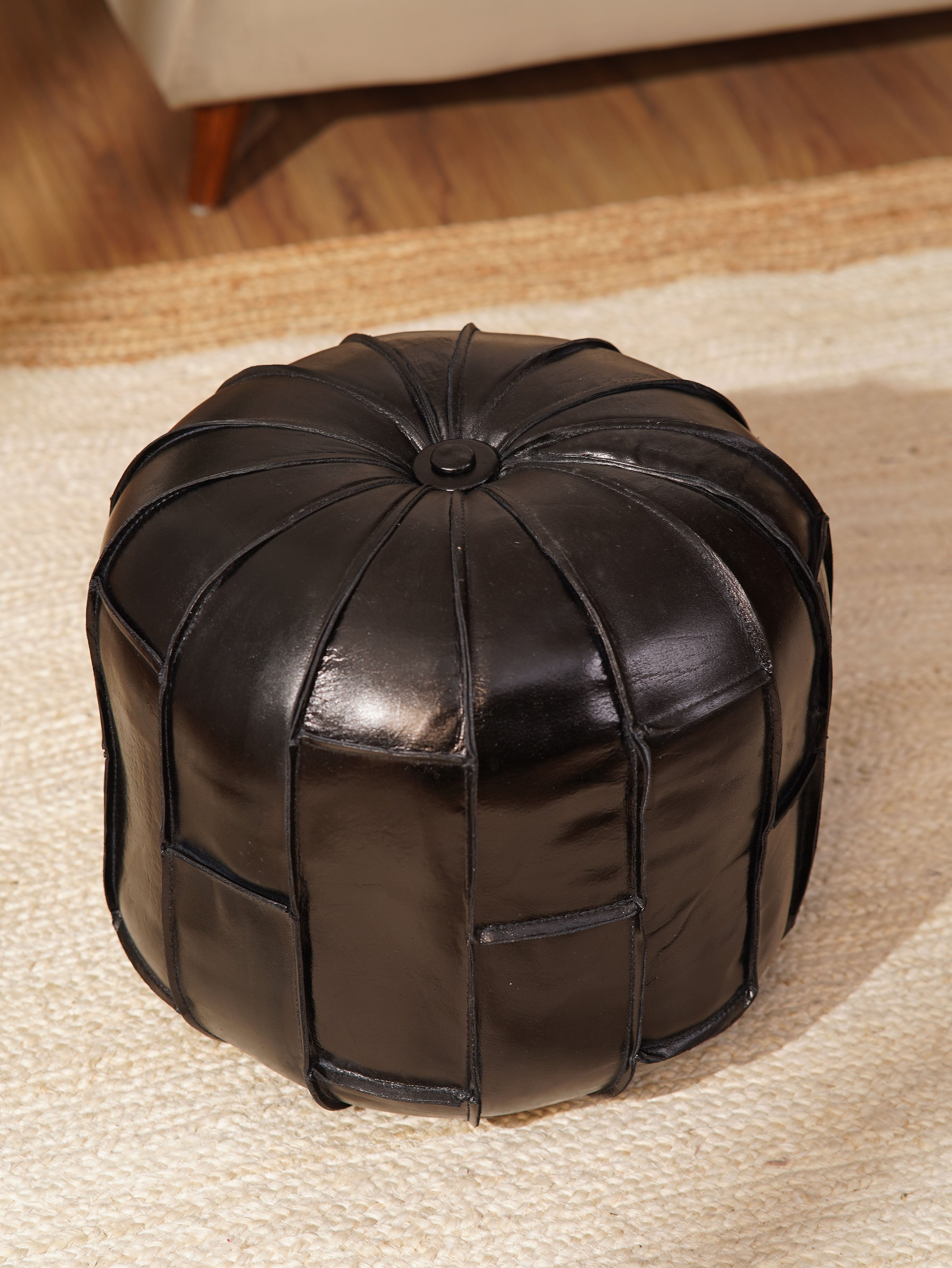 Round Buffalo Leather Pouf – Prairie Stitch Ottoman | Handmade | Black & Brown | Filled