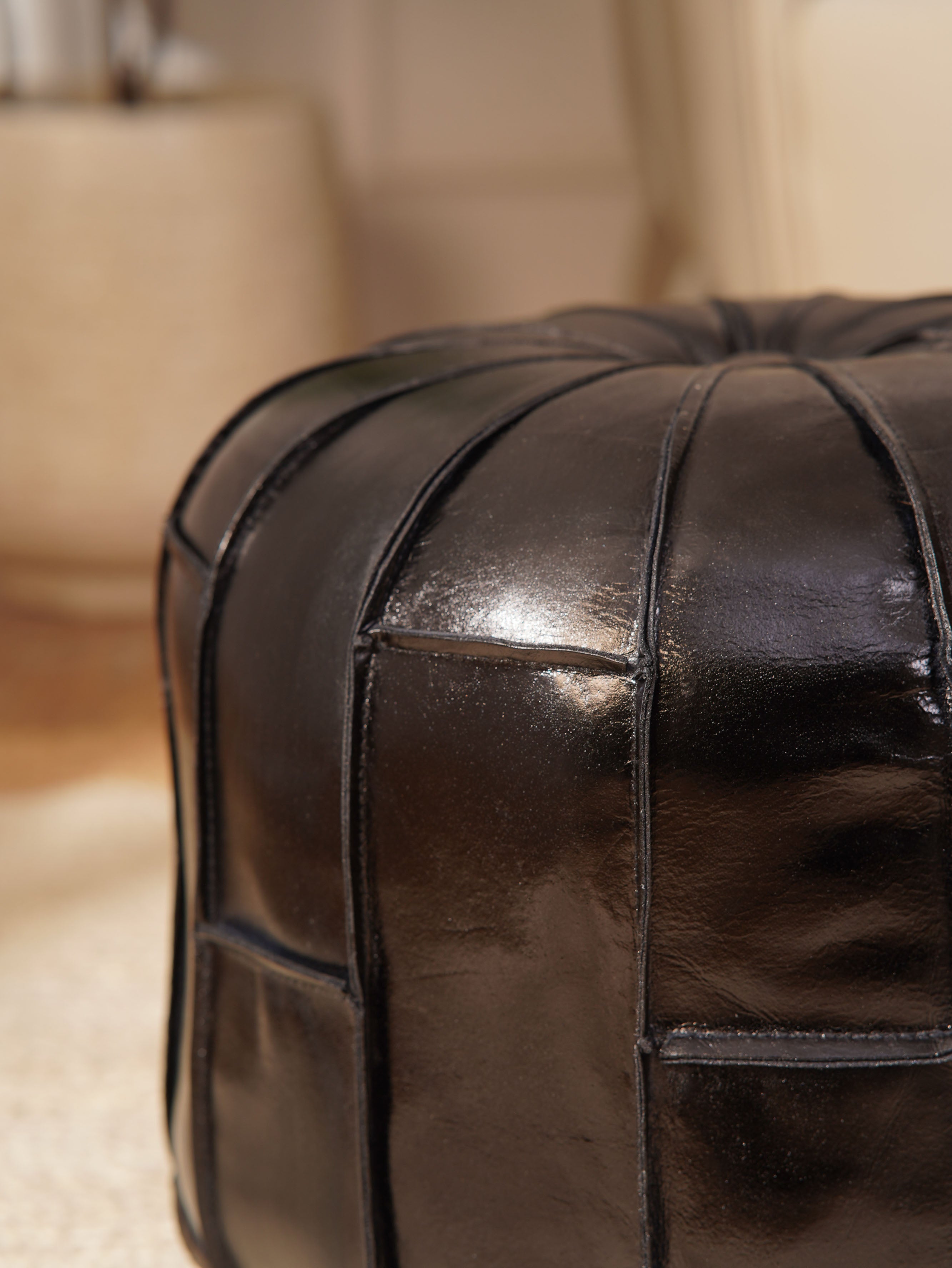 Round Buffalo Leather Pouf – Prairie Stitch Ottoman | Handmade | Black & Brown | Filled