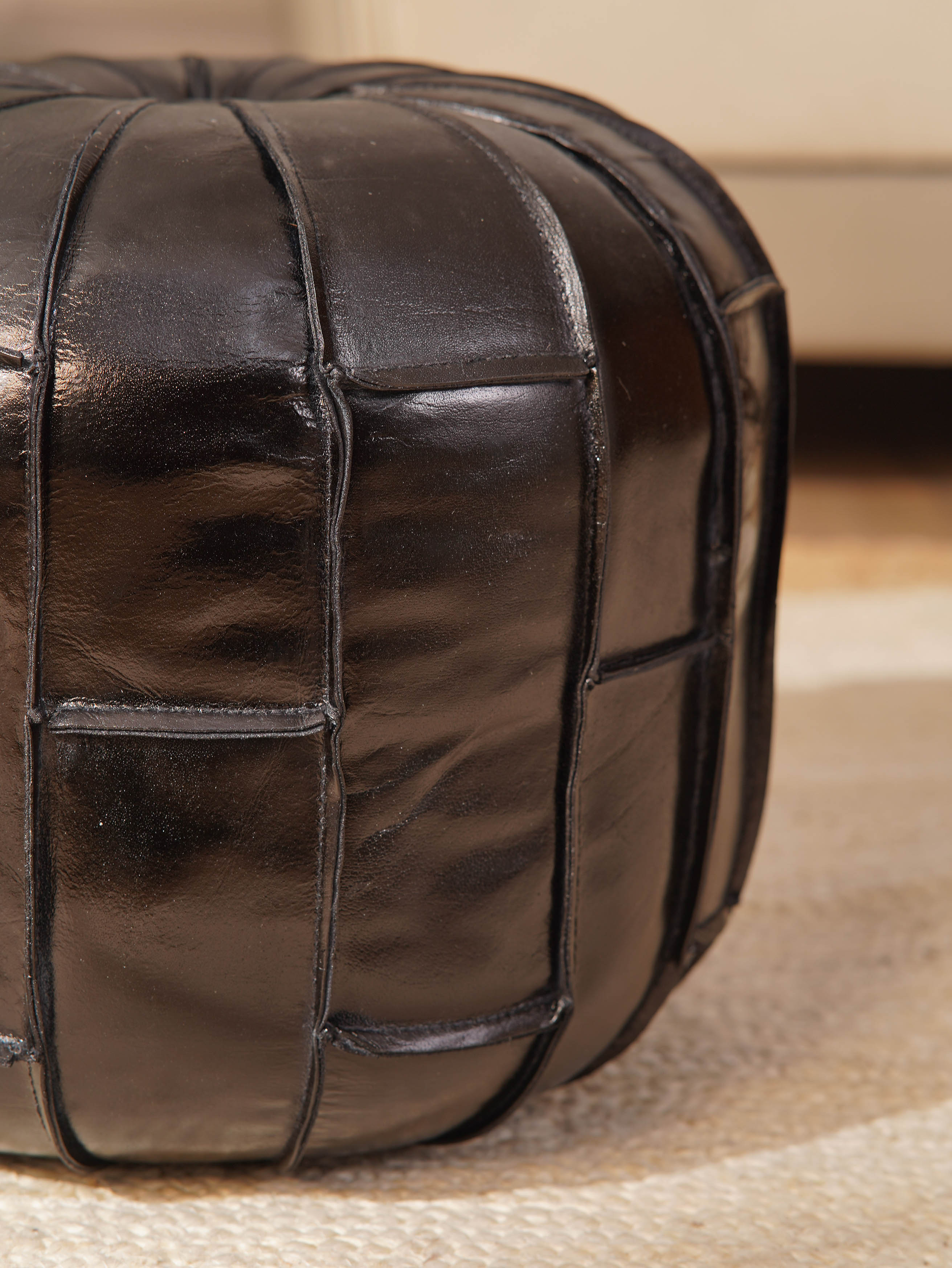 Round Buffalo Leather Pouf – Prairie Stitch Ottoman | Handmade | Black & Brown | Filled