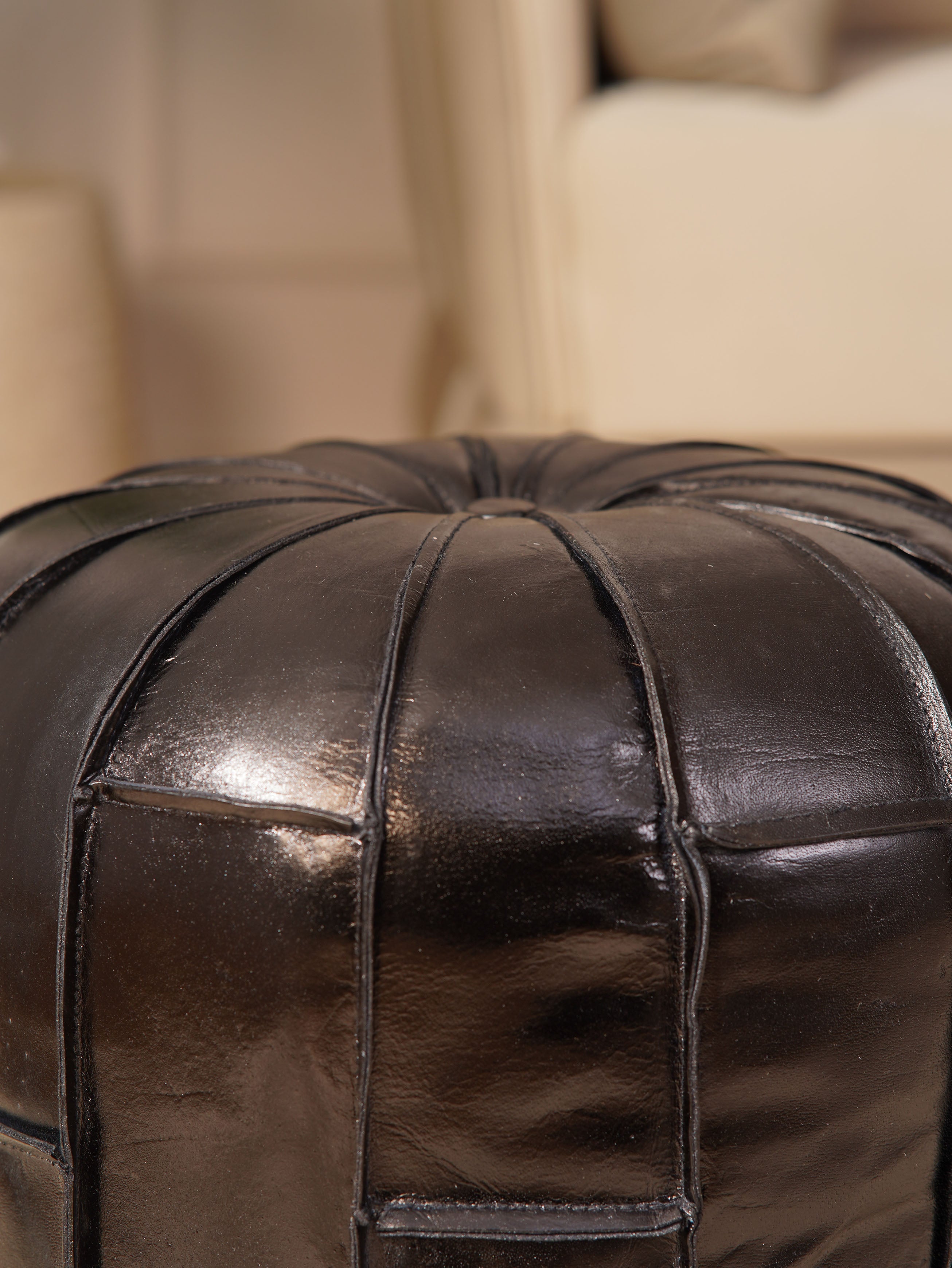 Round Buffalo Leather Pouf – Prairie Stitch Ottoman | Handmade | Black & Brown | Filled