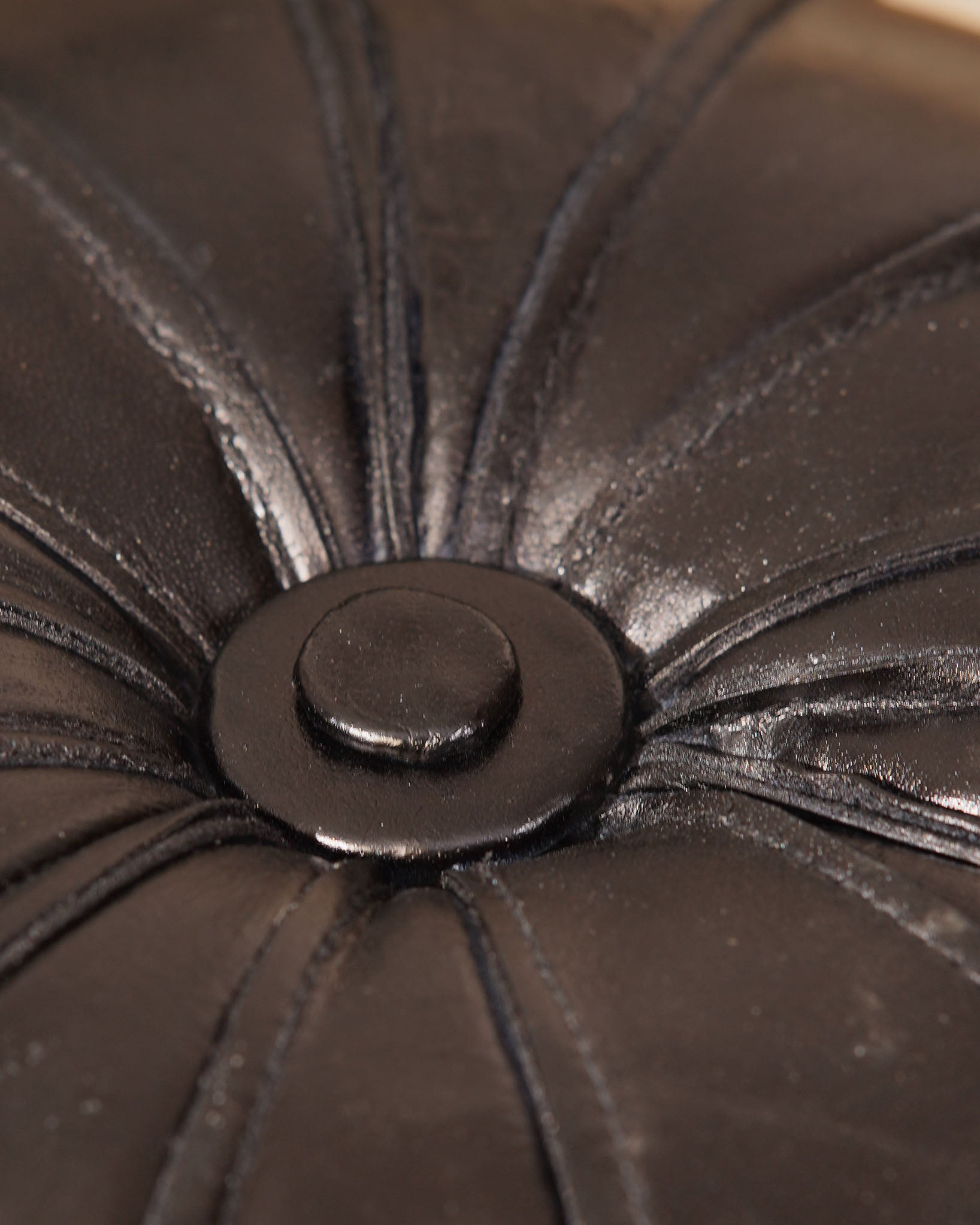 Round Buffalo Leather Pouf – Prairie Stitch Ottoman | Handmade | Black & Brown | Filled