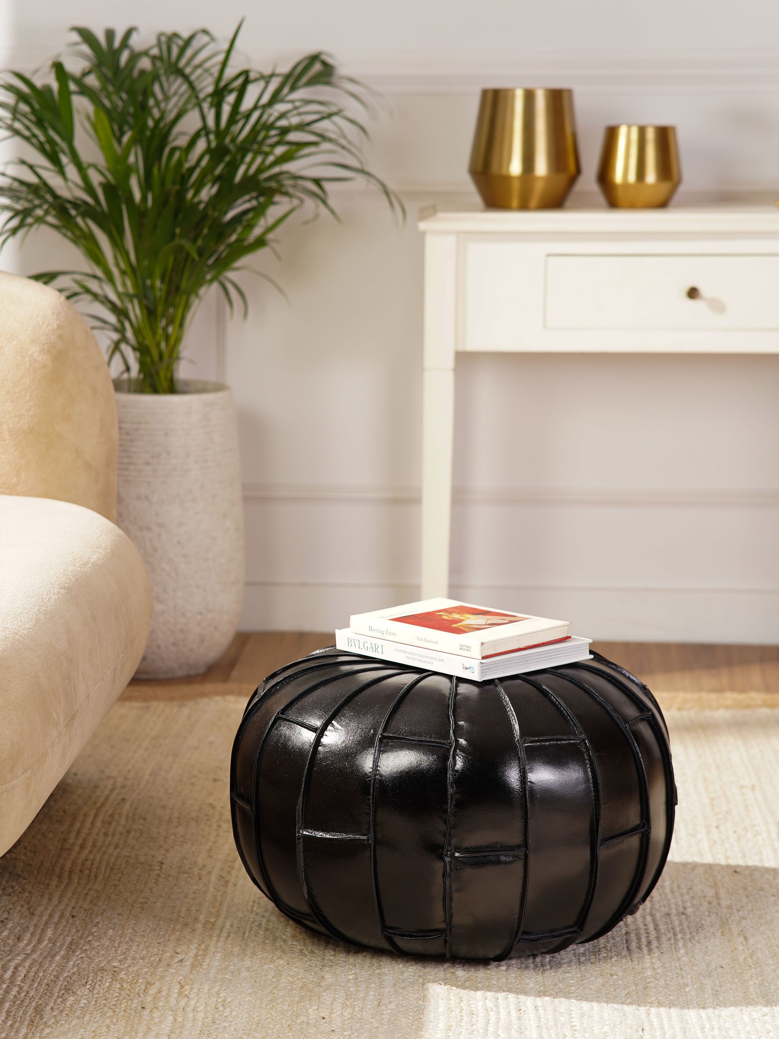 Round Buffalo Leather Pouf – Prairie Stitch Ottoman | Handmade | Black & Brown | Filled