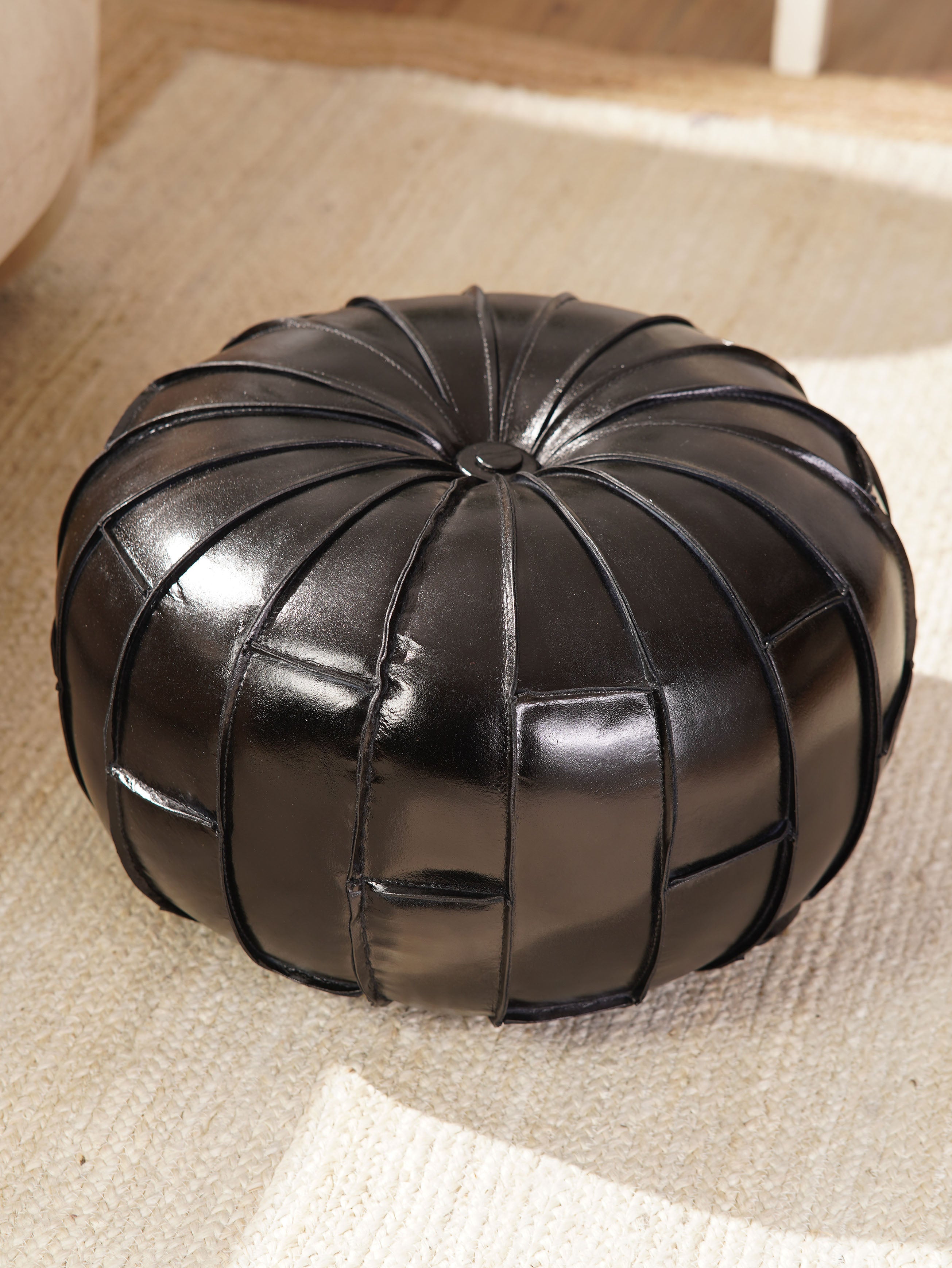 Round Buffalo Leather Pouf – Prairie Stitch Ottoman | Handmade | Black & Brown | Filled