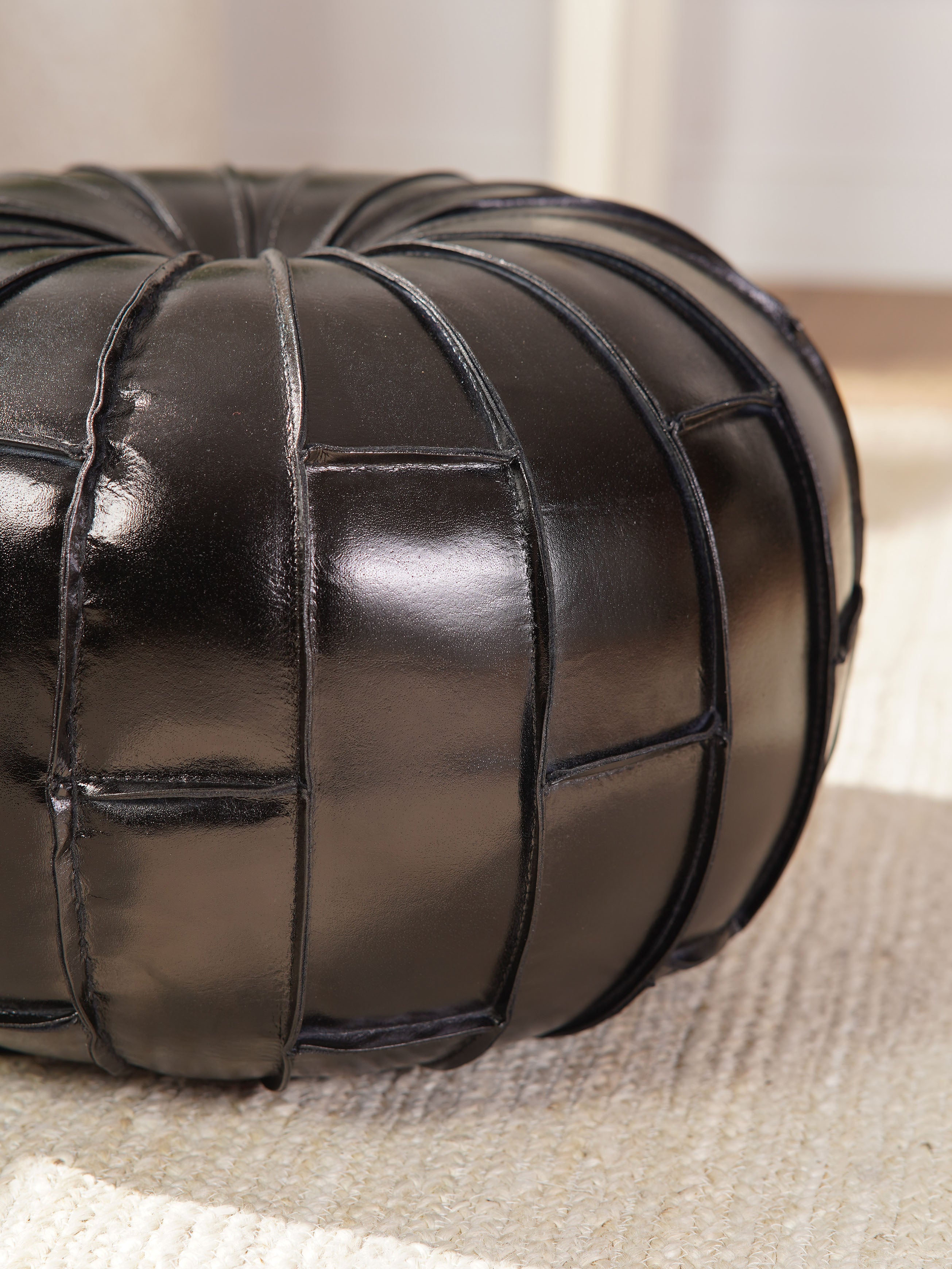 Round Buffalo Leather Pouf – Prairie Stitch Ottoman | Handmade | Black & Brown | Filled