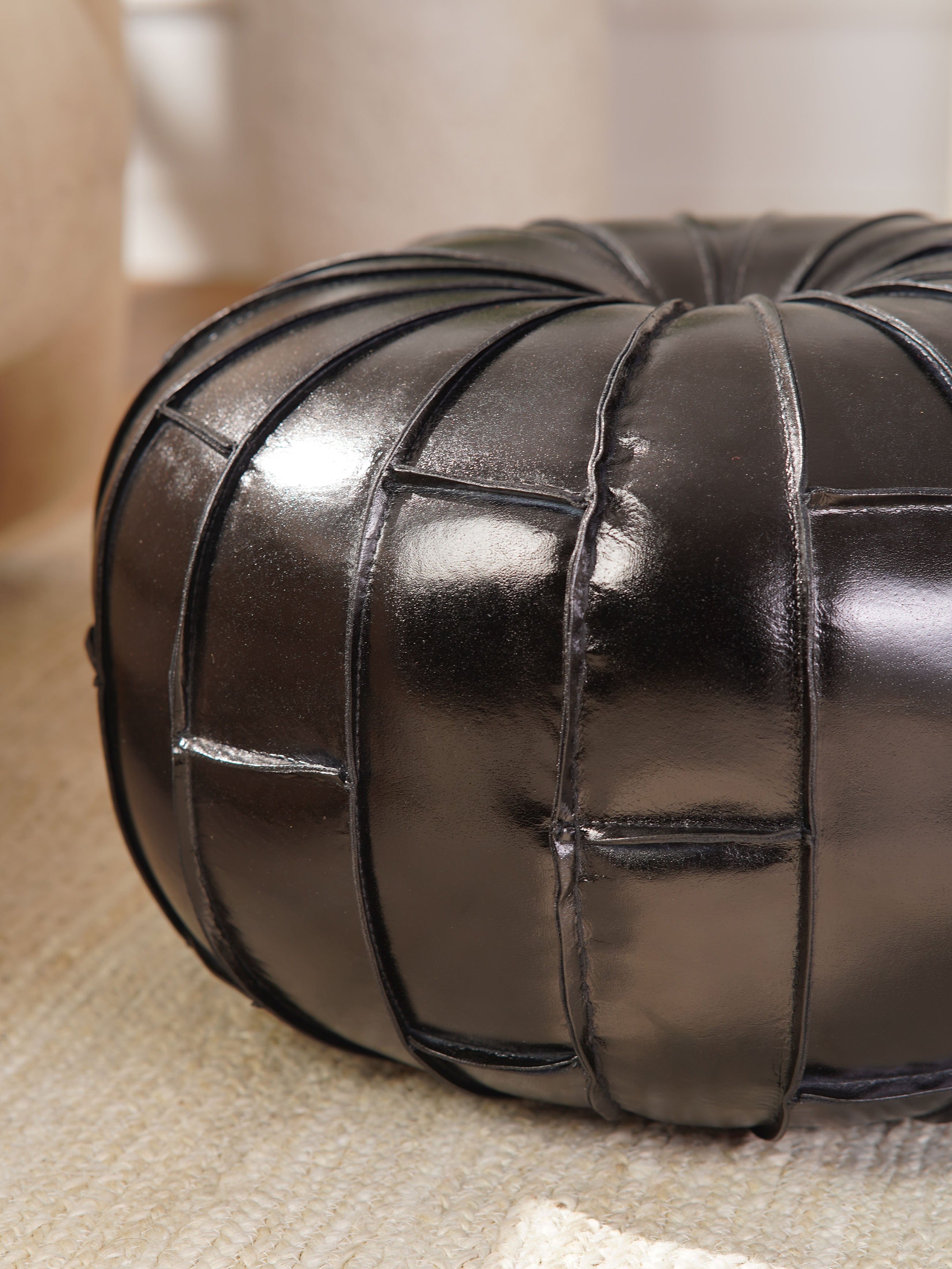 Round Buffalo Leather Pouf – Prairie Stitch Ottoman | Handmade | Black & Brown | Filled