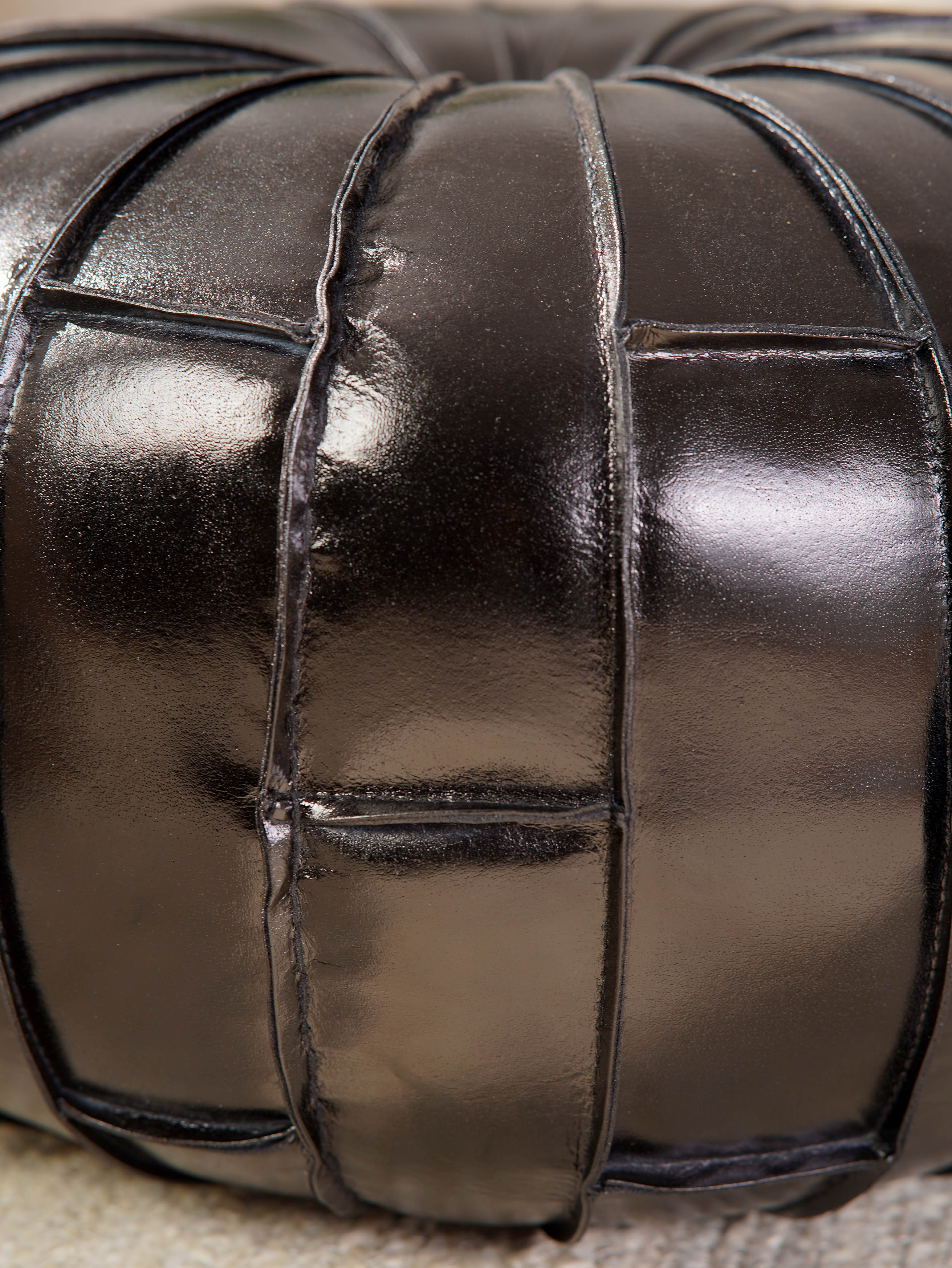 Round Buffalo Leather Pouf – Prairie Stitch Ottoman | Handmade | Black & Brown | Filled