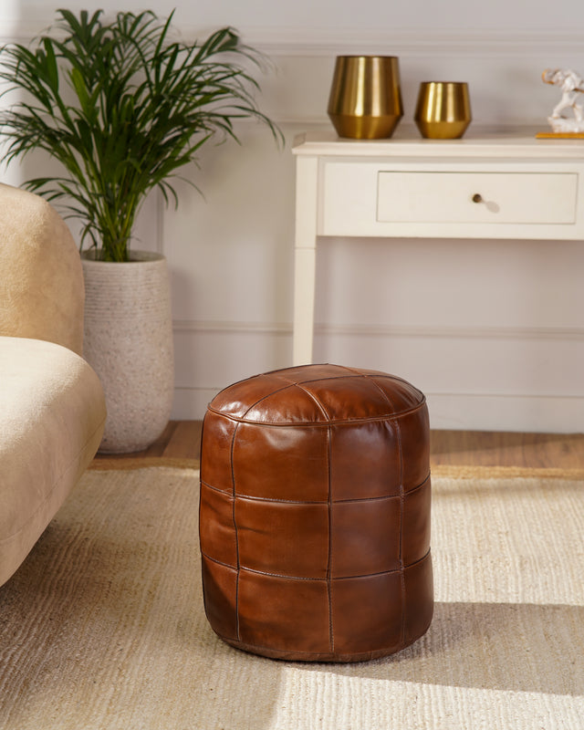 Cognac Round Leather Pouf