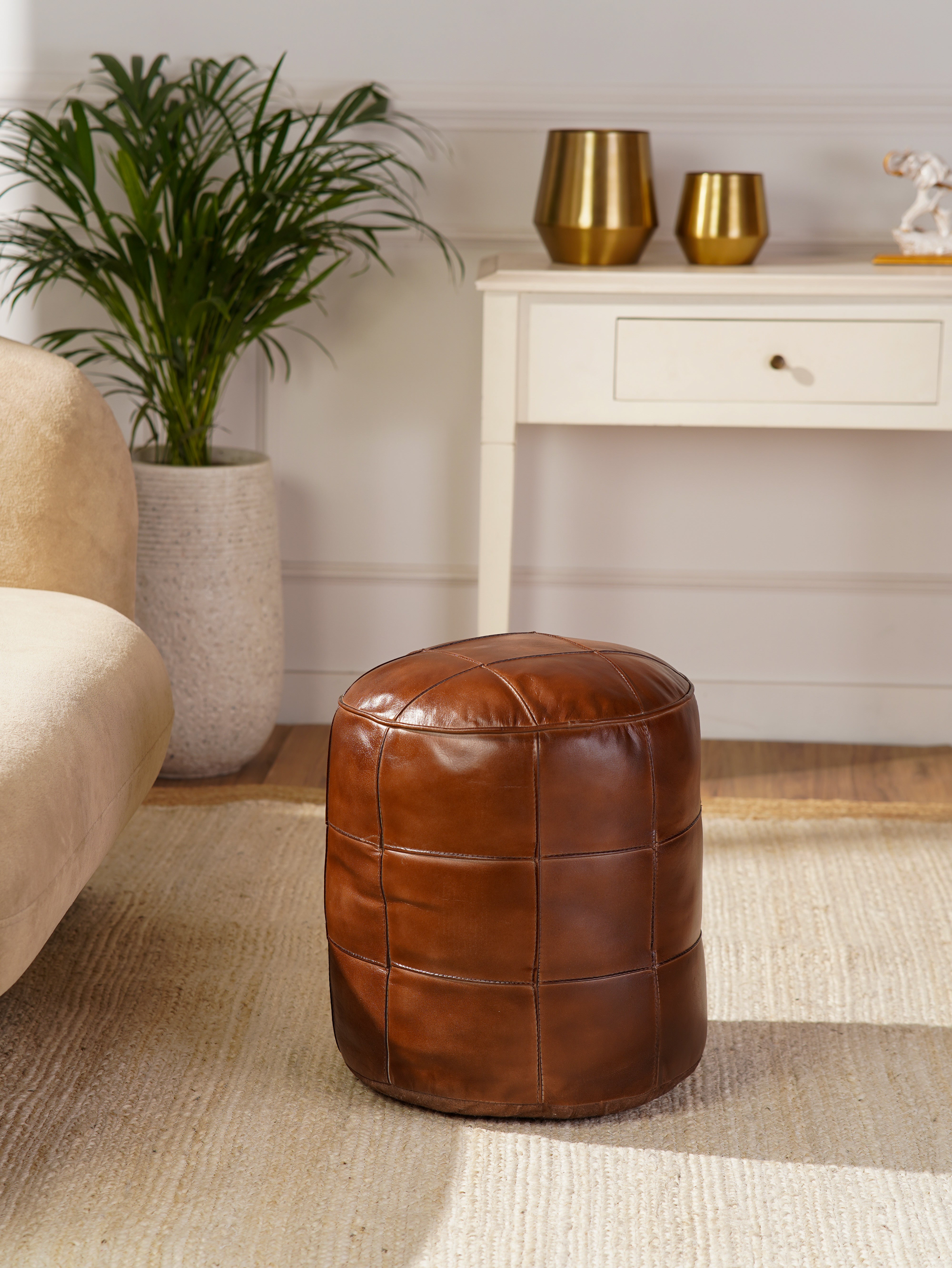 Cognac Round Leather Pouf