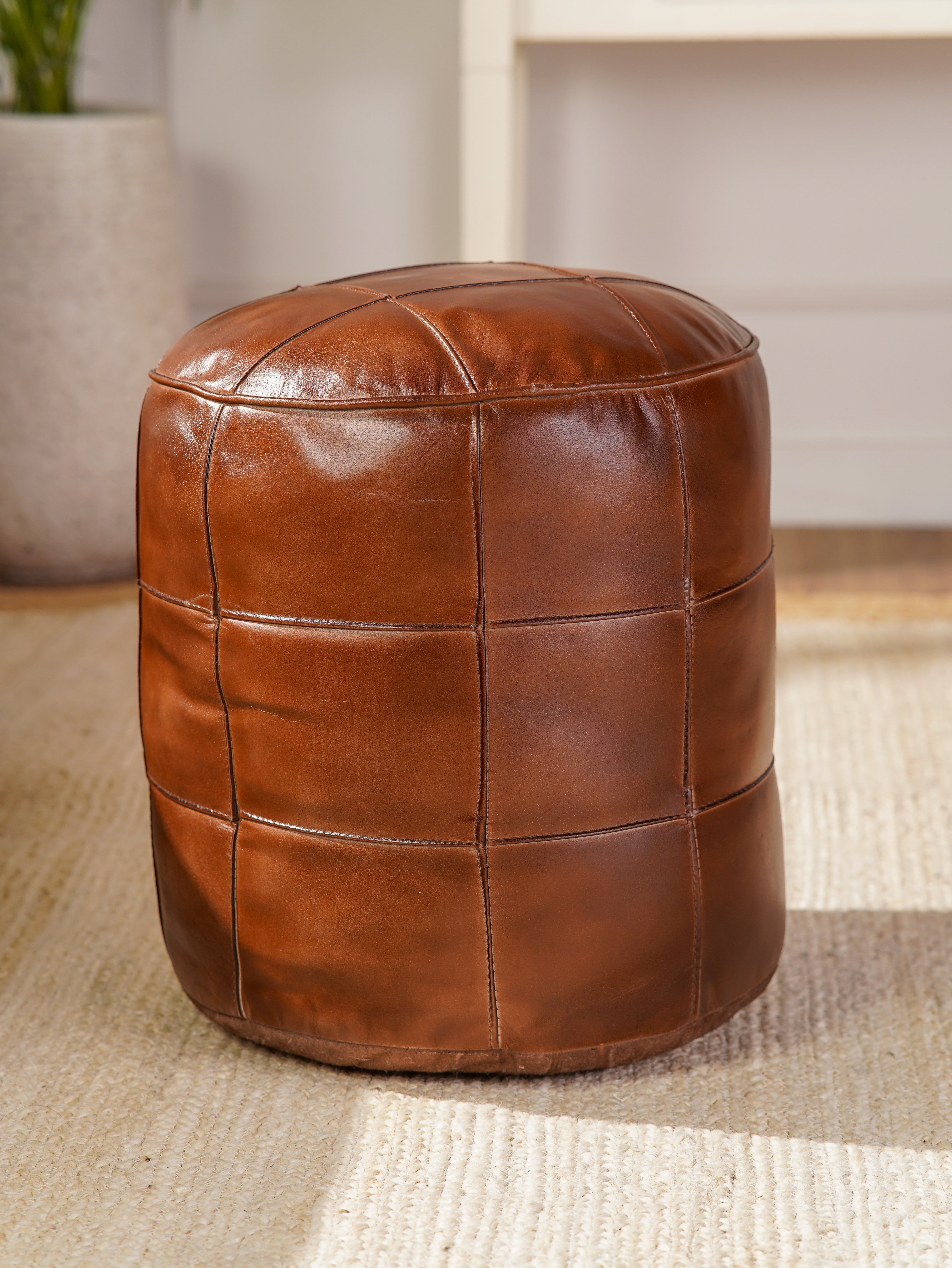 Cognac Round Leather Pouf