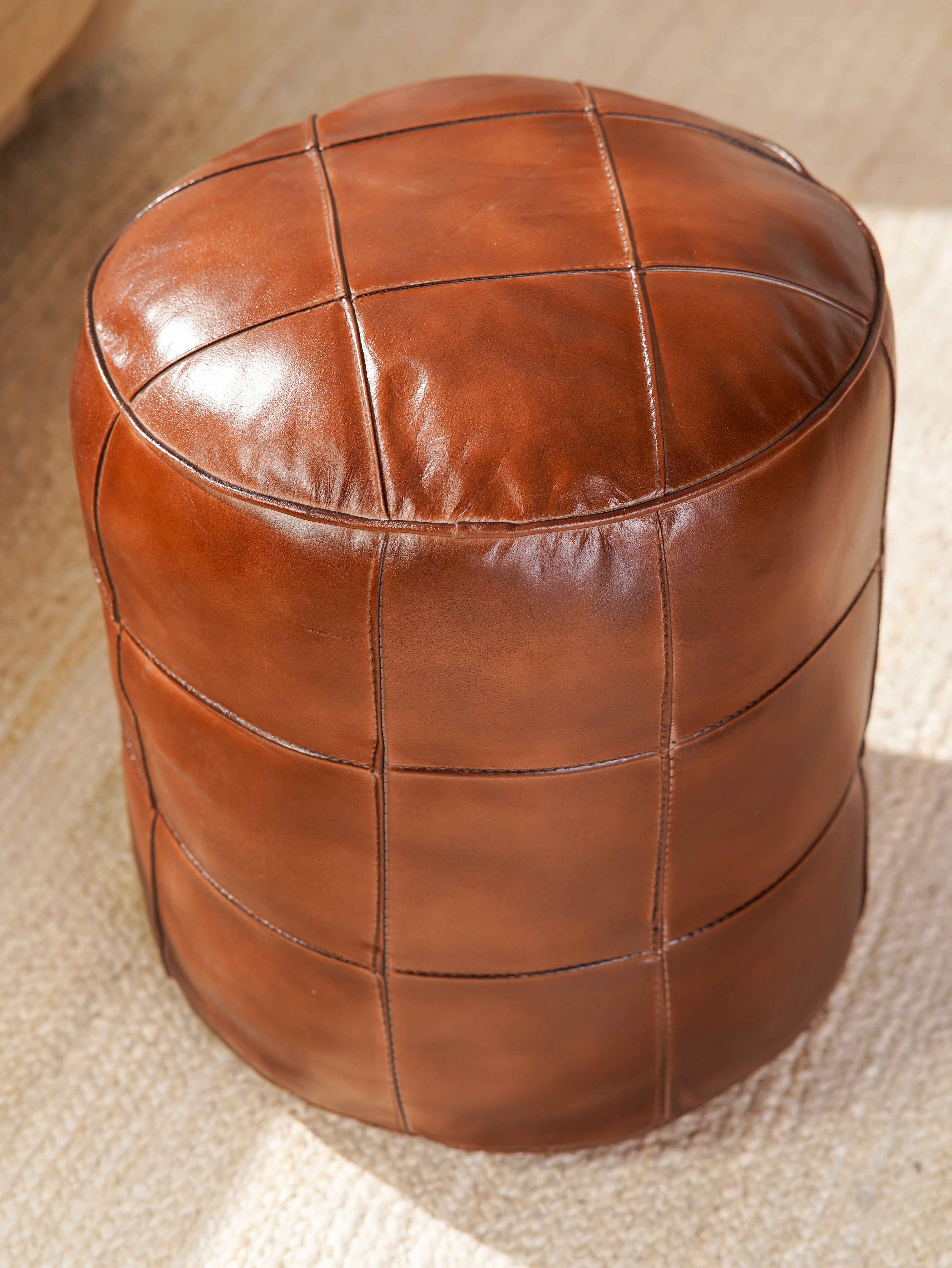 Cognac Round Leather Pouf