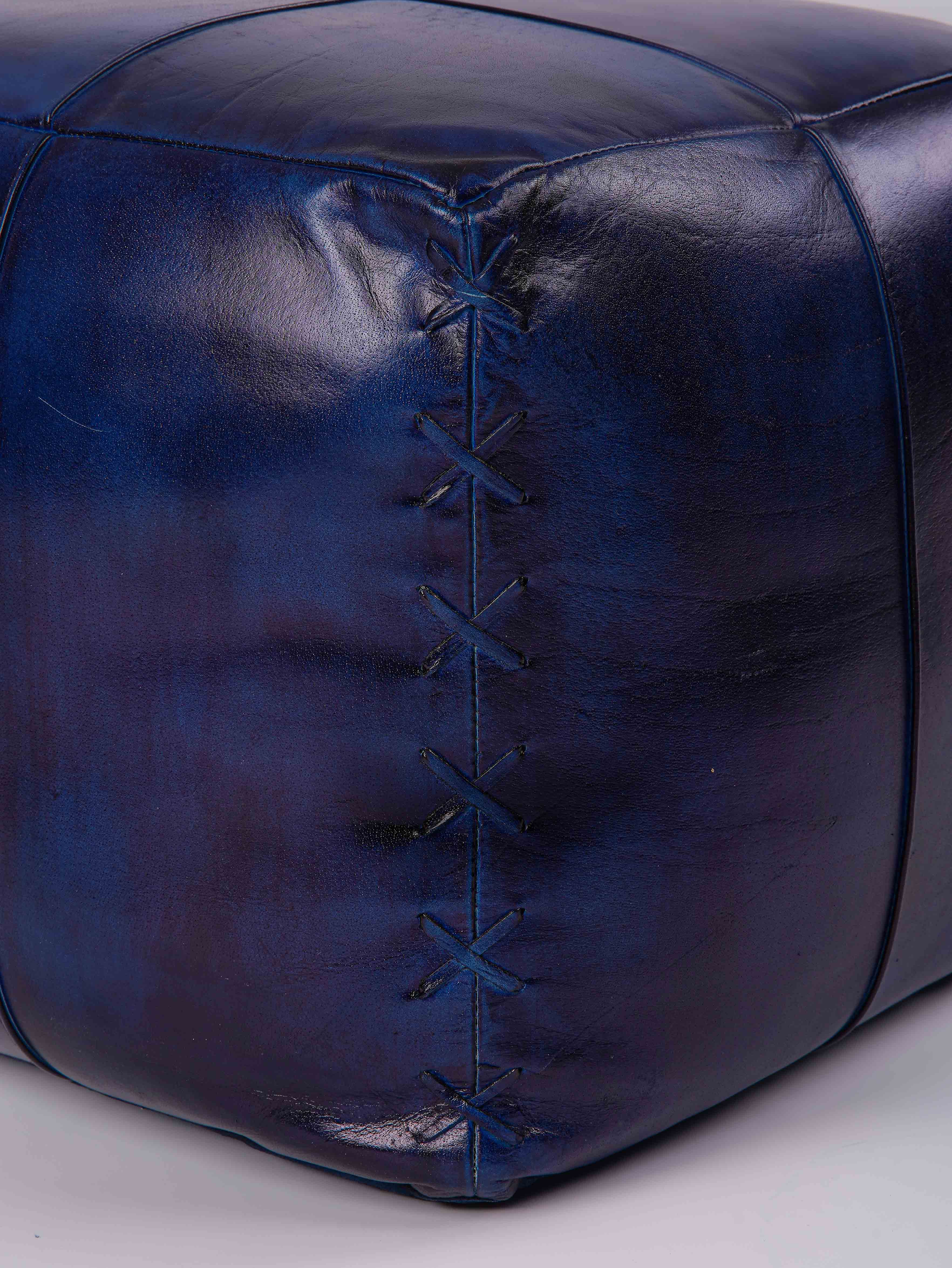 Midnight Majesty Leather Pouf – Square Ottoman | Handmade | Vintage Blue | Filled
