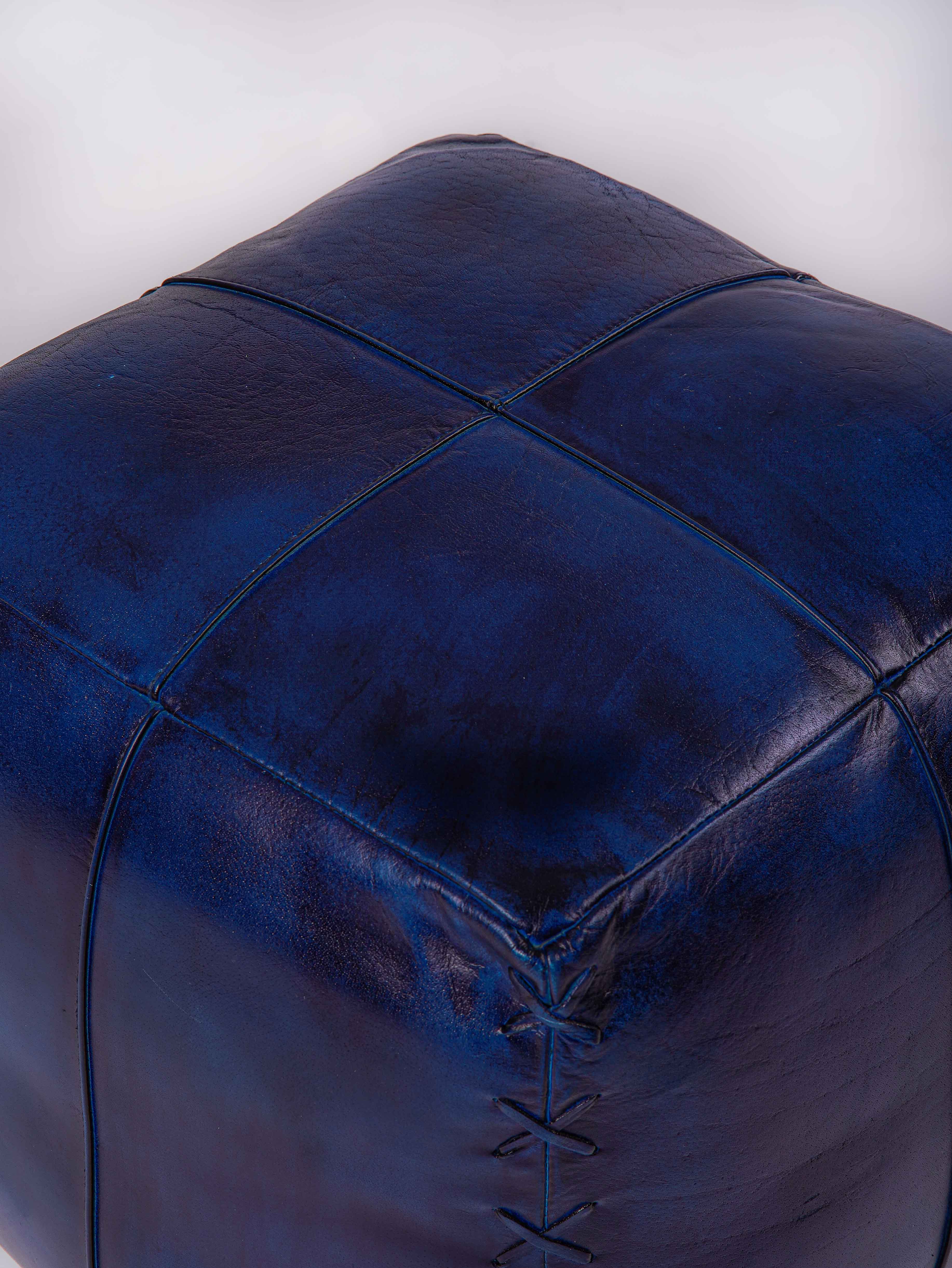 Midnight Majesty Leather Pouf – Square Ottoman | Handmade | Vintage Blue | Filled