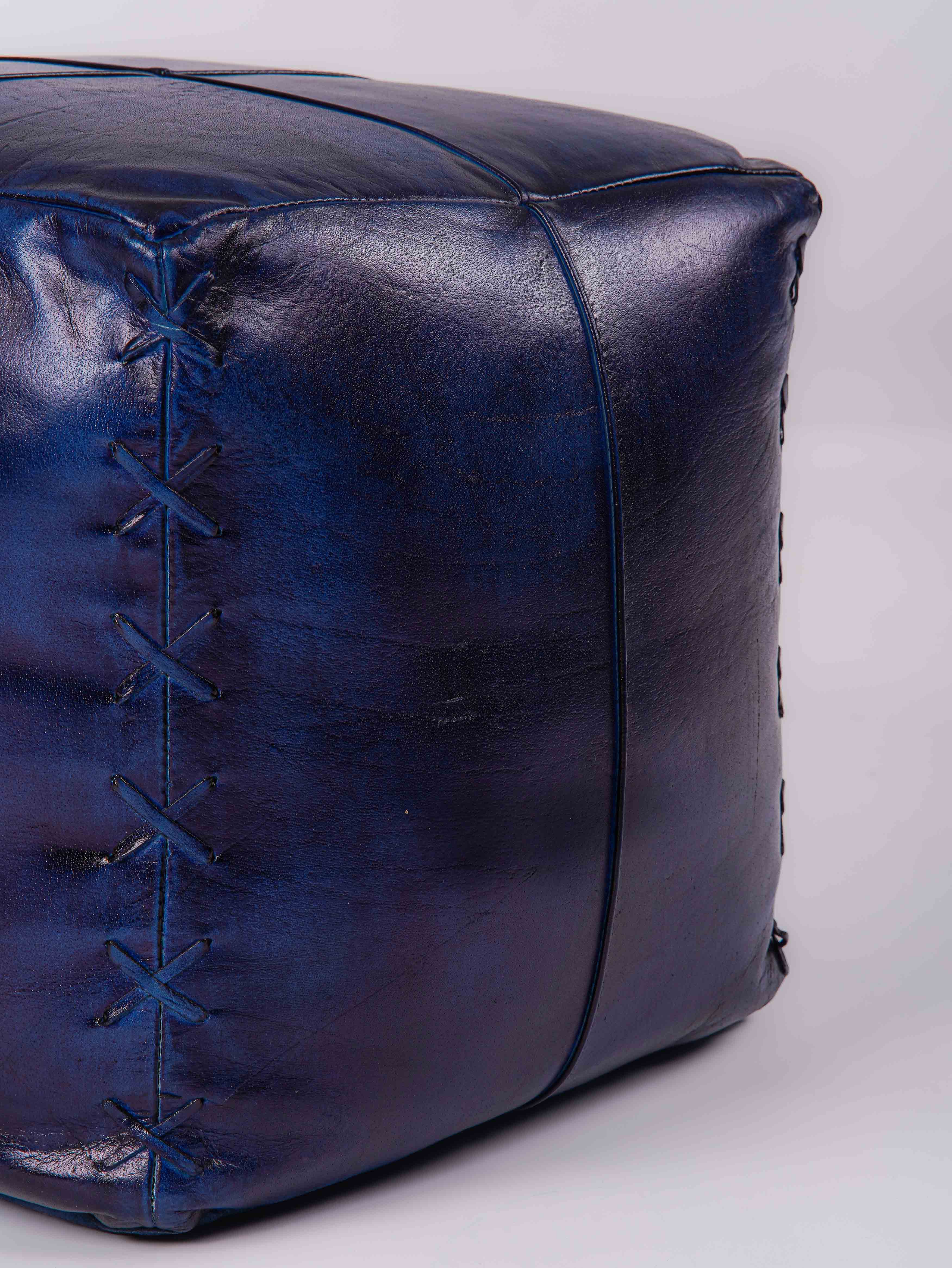 Midnight Majesty Leather Pouf – Square Ottoman | Handmade | Vintage Blue | Filled
