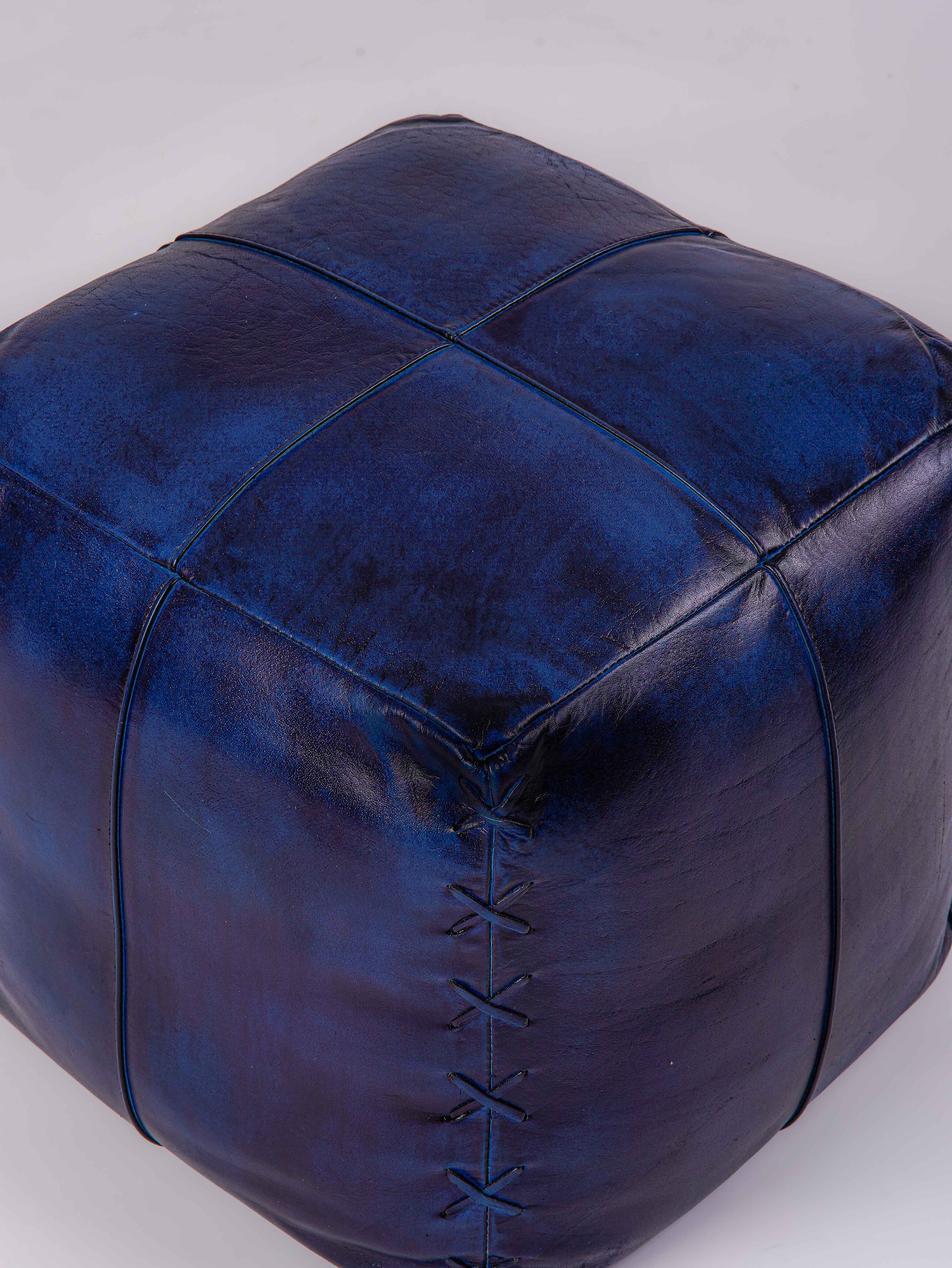 Midnight Majesty Leather Pouf – Square Ottoman | Handmade | Vintage Blue | Filled
