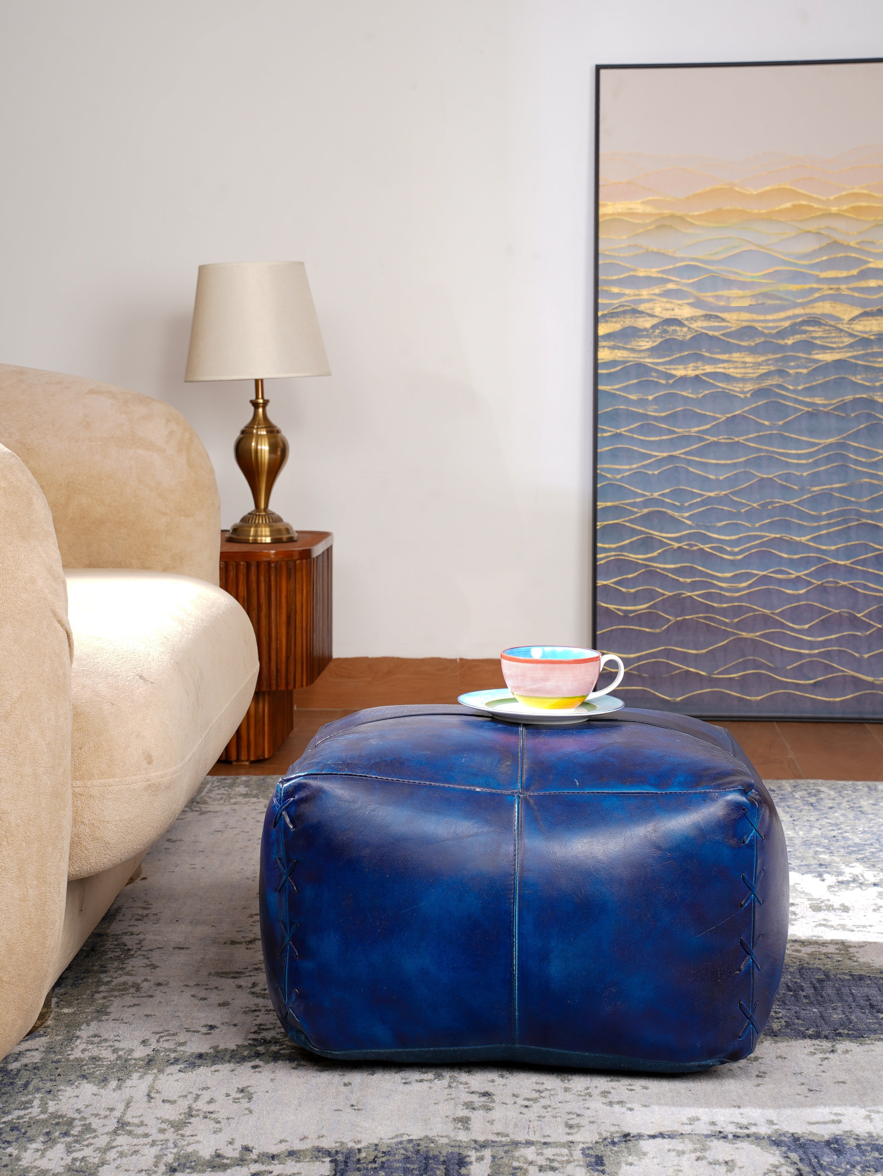 Midnight Majesty Leather Pouf – Square Ottoman | Handmade | Vintage Blue | Filled