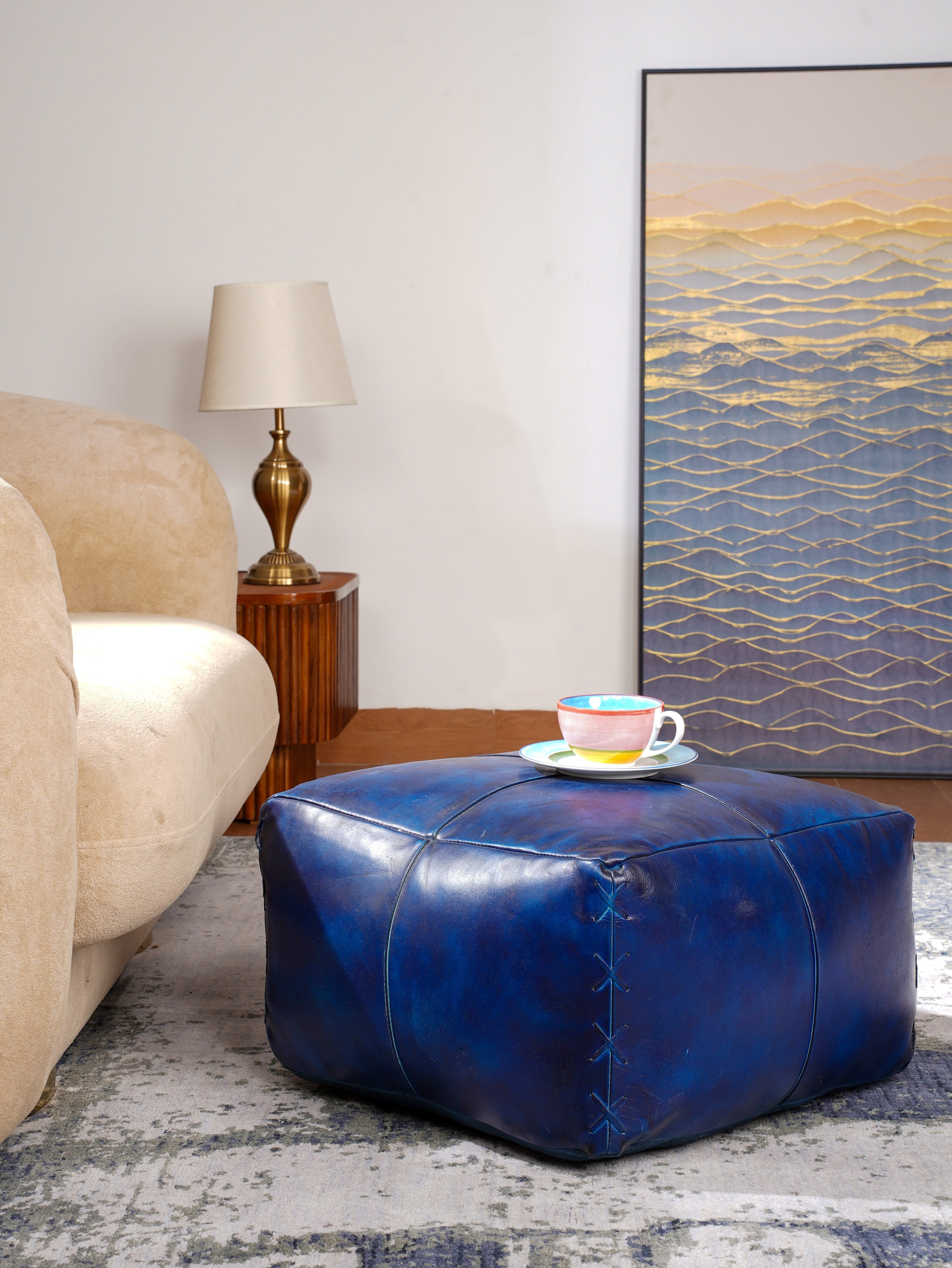 Midnight Majesty Leather Pouf – Square Ottoman | Handmade | Vintage Blue | Filled