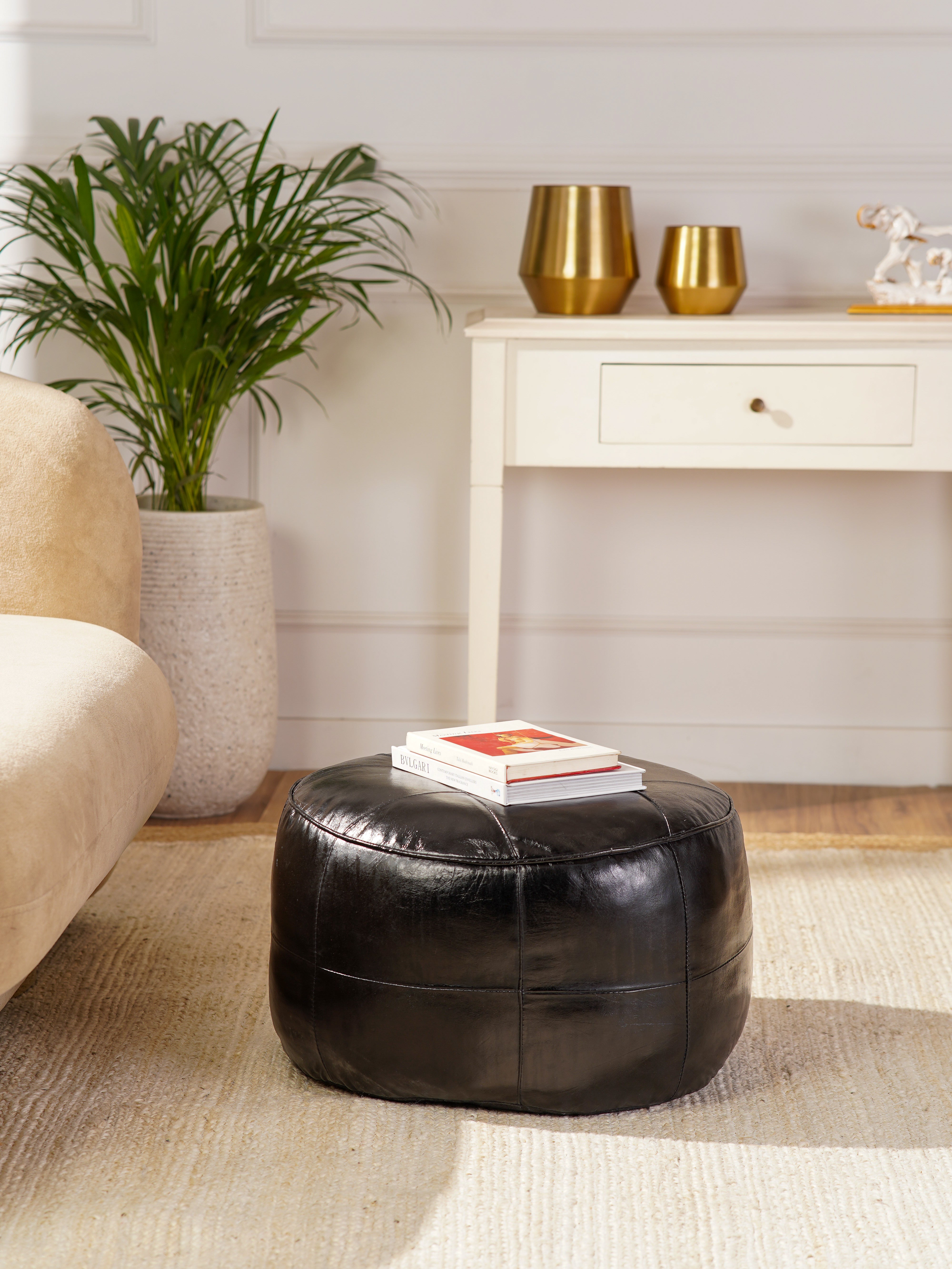 Terracotta Tuffet Round Leather Pouf – Handmade Ottoman | Cognac Brown | Filled | Buffalo Leather
