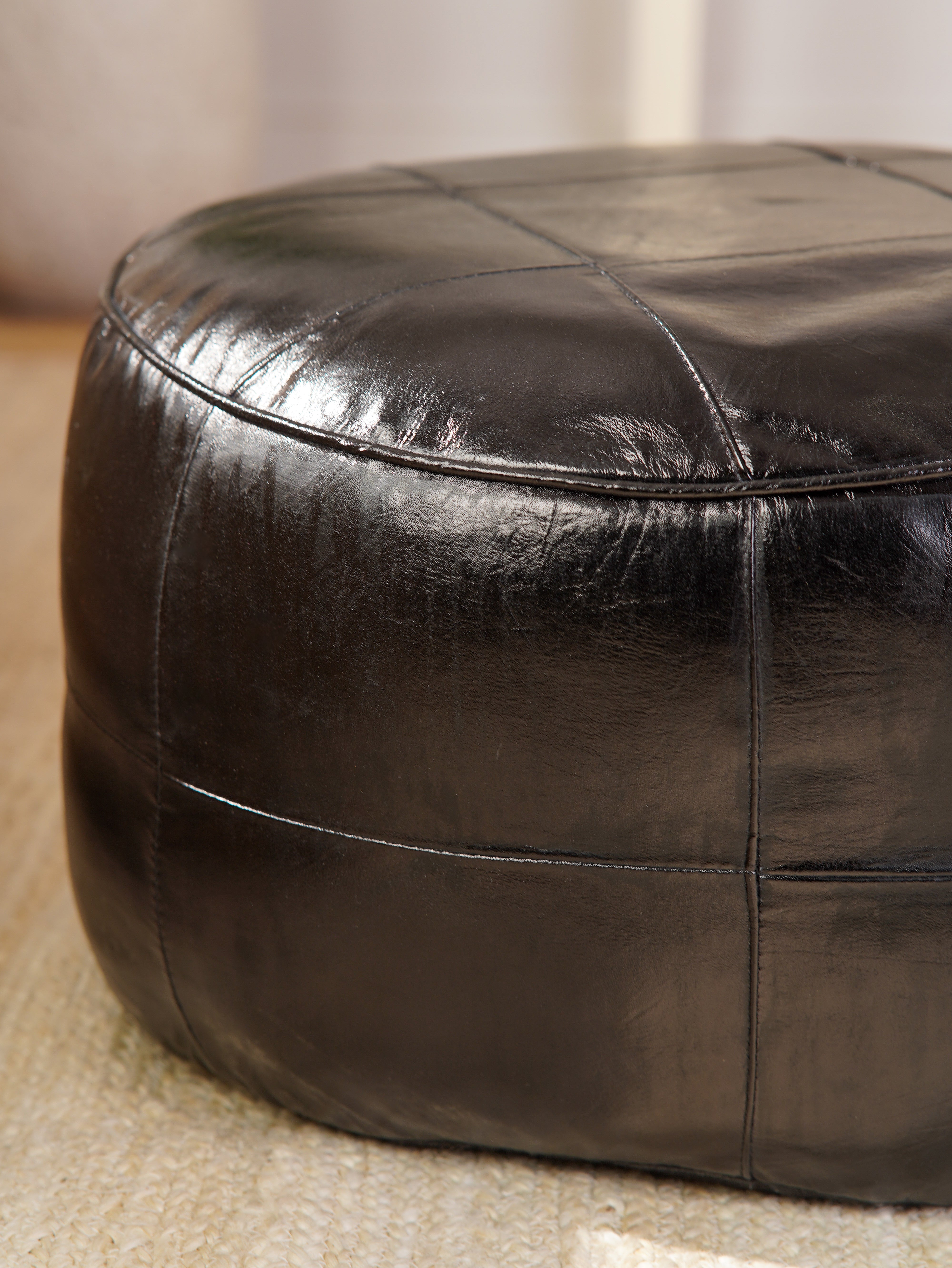 Terracotta Tuffet Round Leather Pouf – Handmade Ottoman | Cognac Brown | Filled | Buffalo Leather
