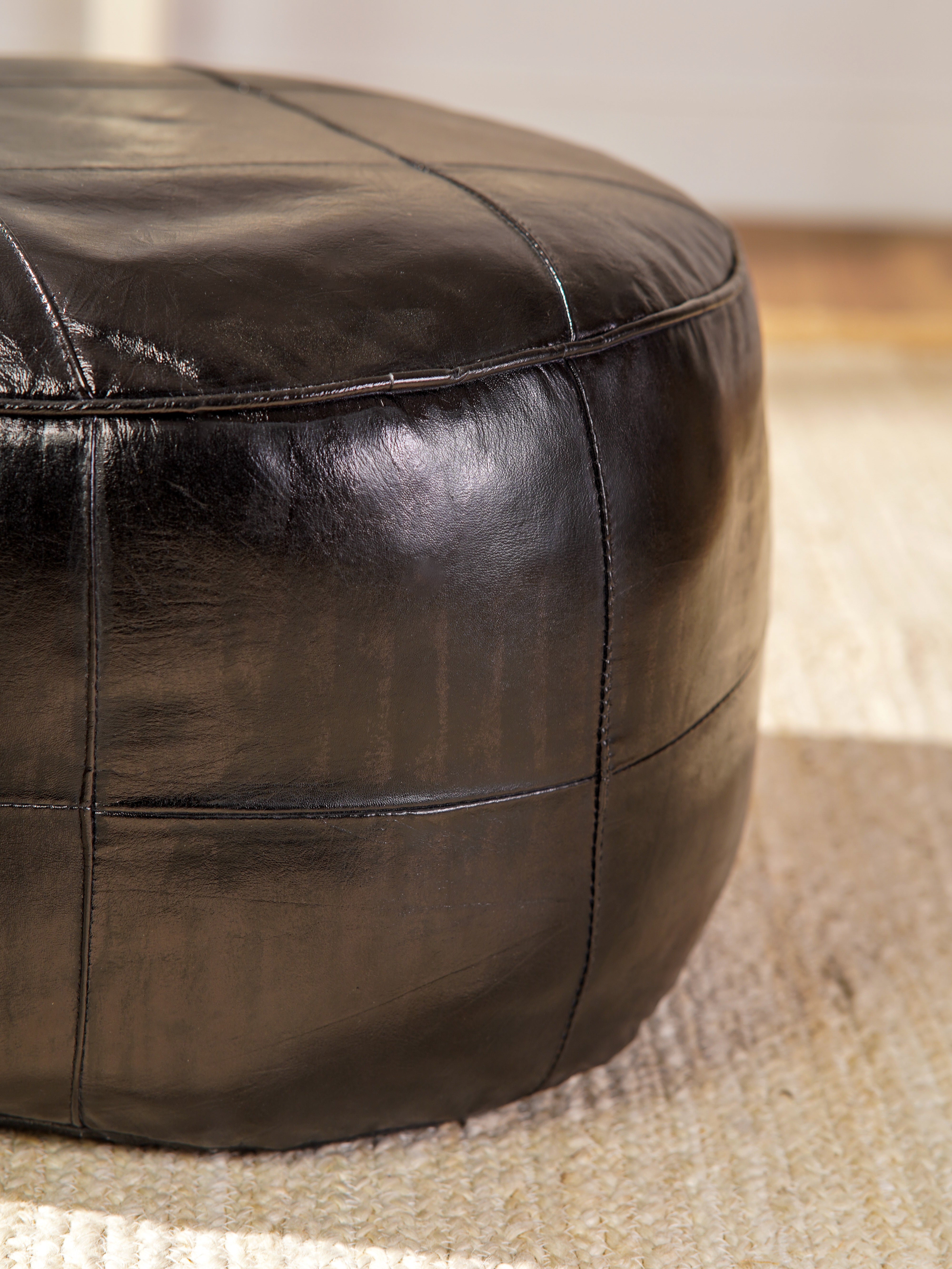 Terracotta Tuffet Round Leather Pouf – Handmade Ottoman | Cognac Brown | Filled | Buffalo Leather