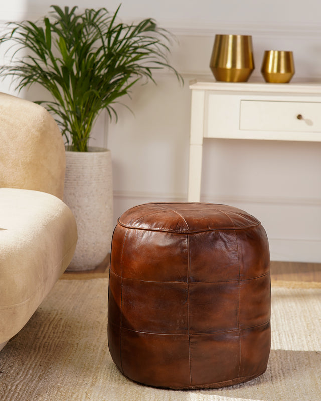 Terracotta Tuffet Round Leather Pouf – Handmade Ottoman | Cognac Brown | Filled | Buffalo Leather