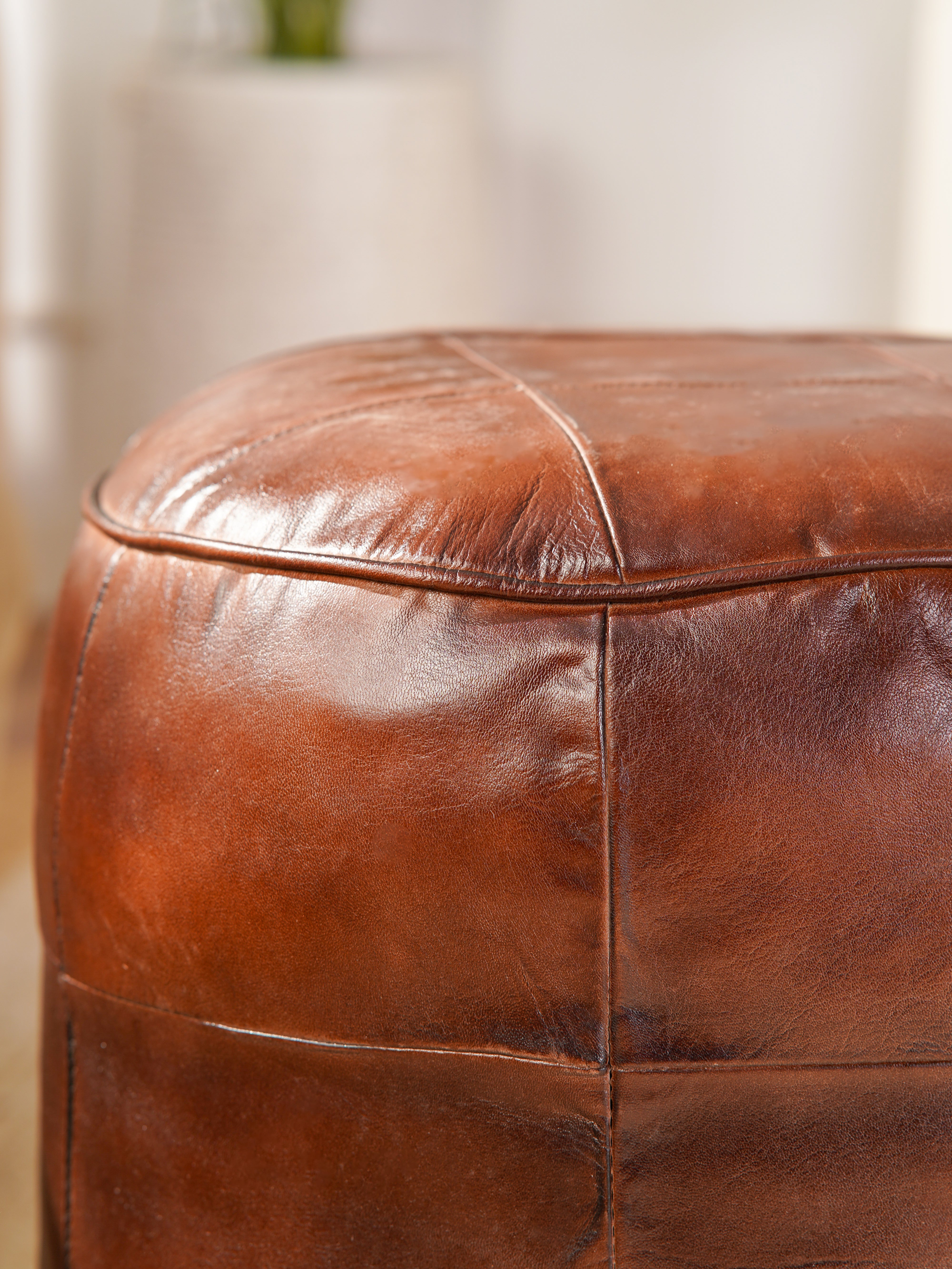 Terracotta Tuffet Round Leather Pouf – Handmade Ottoman | Cognac Brown | Filled | Buffalo Leather
