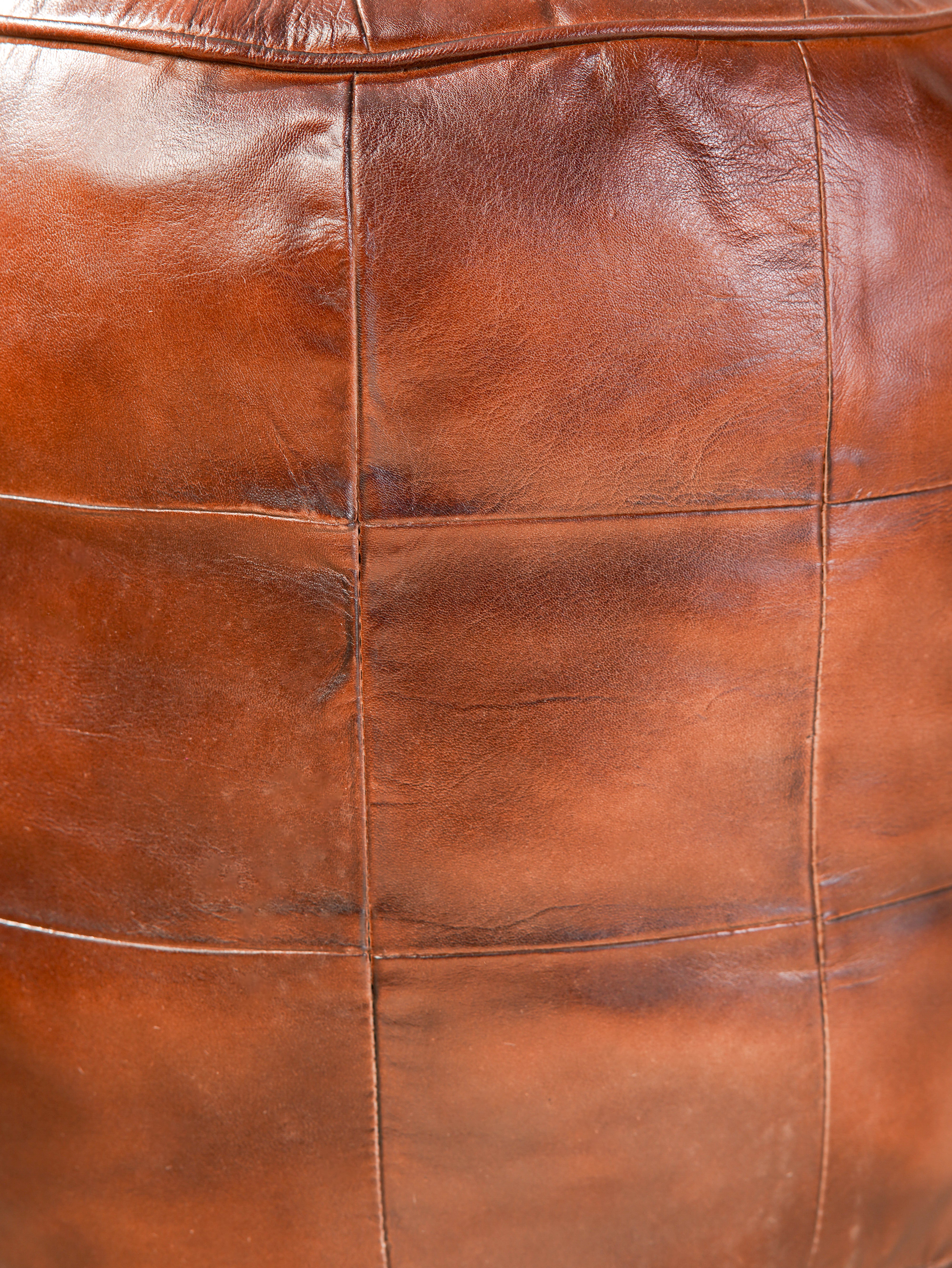 Terracotta Tuffet Round Leather Pouf – Handmade Ottoman | Cognac Brown | Filled | Buffalo Leather