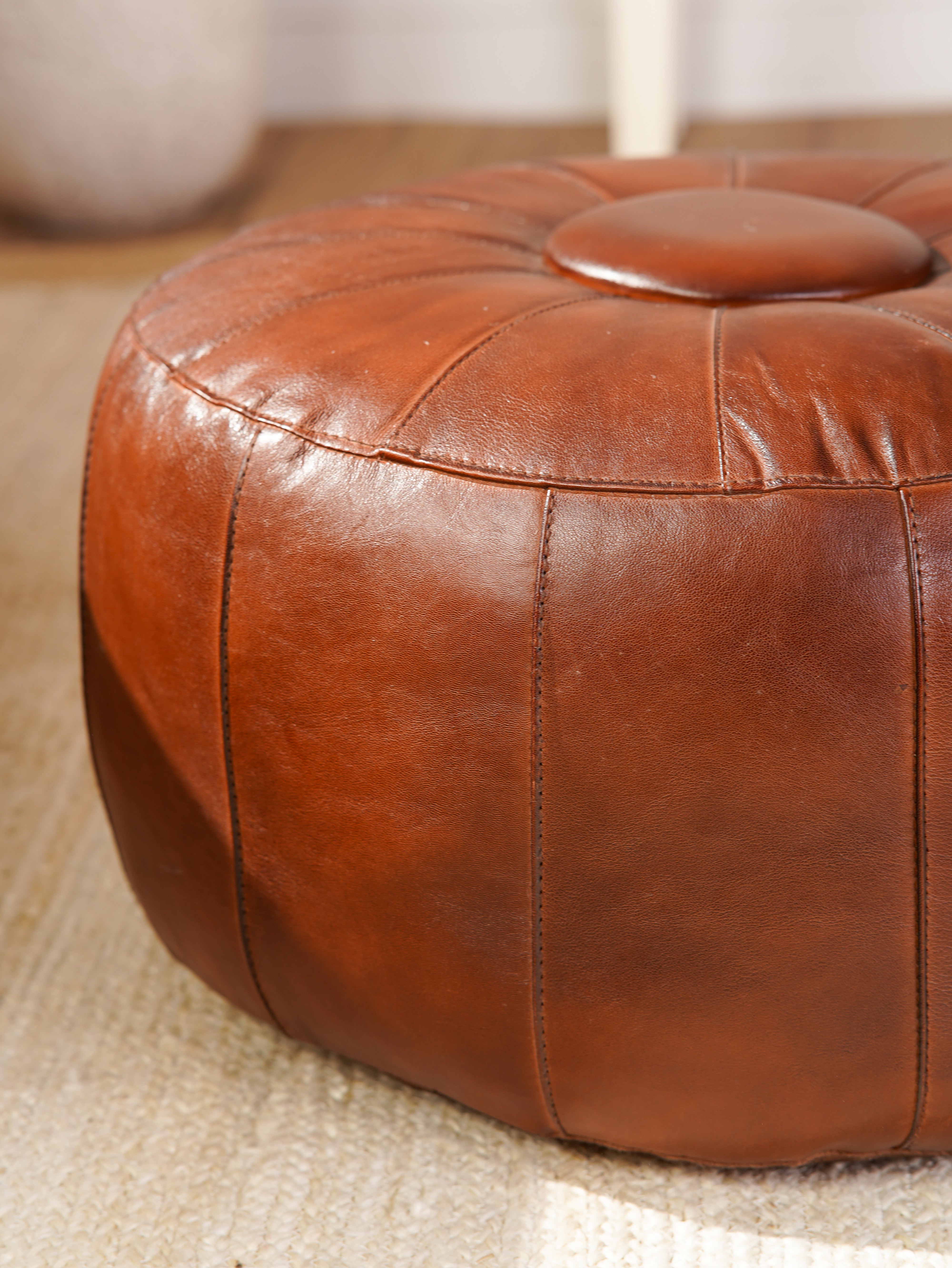 Handmade Buffalo Leather Pouf – Chesterfield Tuft Ottoman | Round | Filled