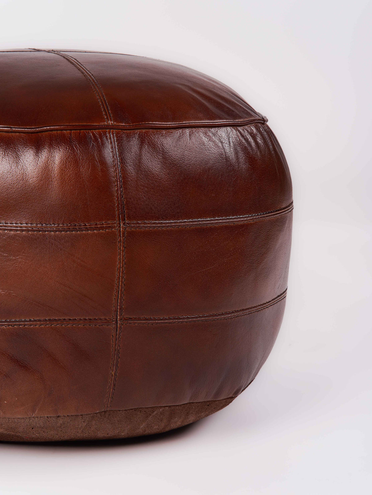 Round Buffalo Leather Pouf – Bordeaux Classic Ottoman | Handmade | Brown | Filled