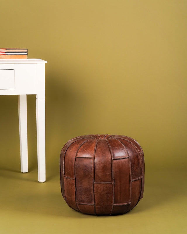 Round Buffalo Leather Pouf – Prairie Stitch Ottoman | Handmade | Black & Brown | Filled