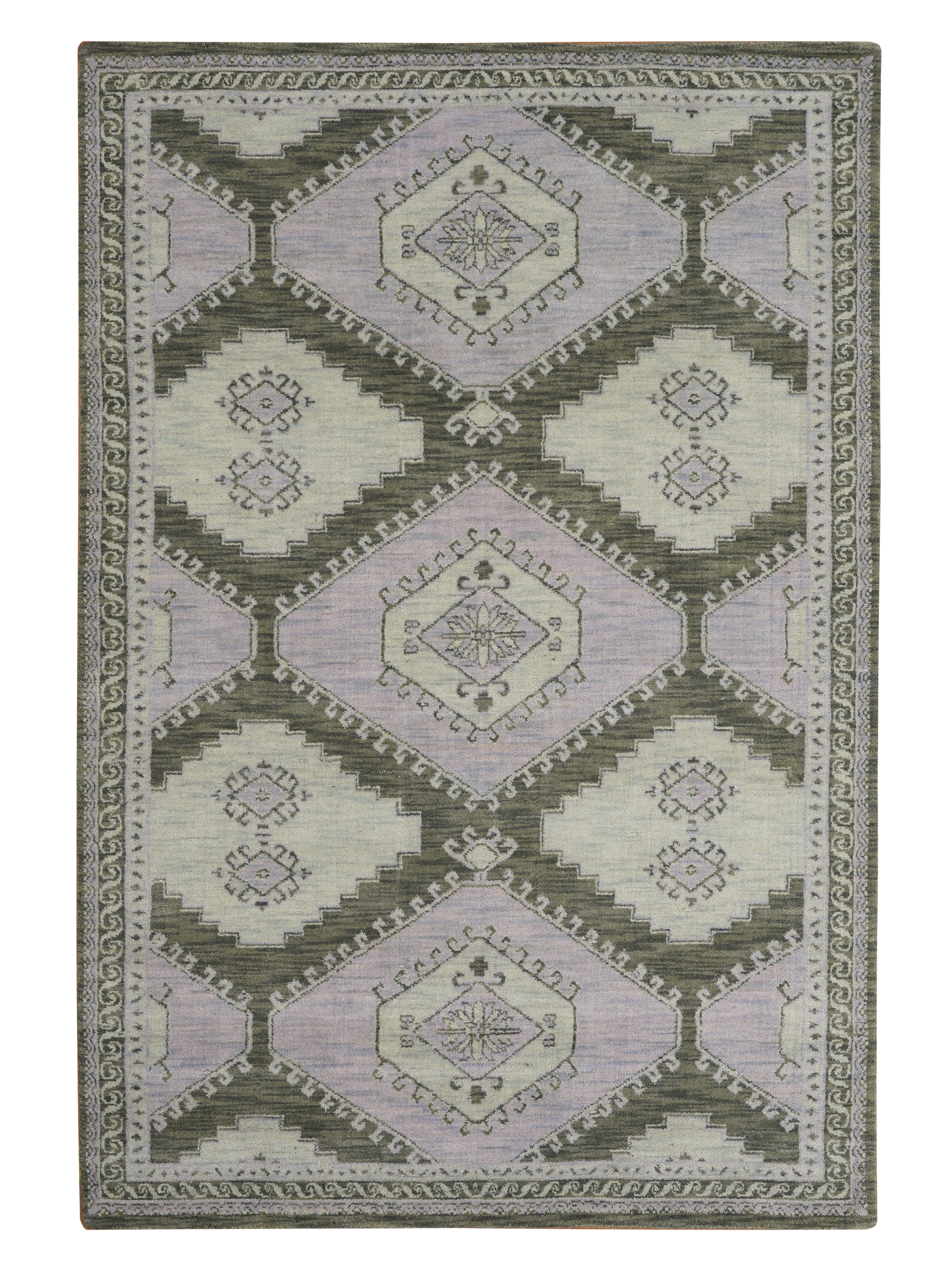 Geometric patterned rug with green and purple colors on a white background