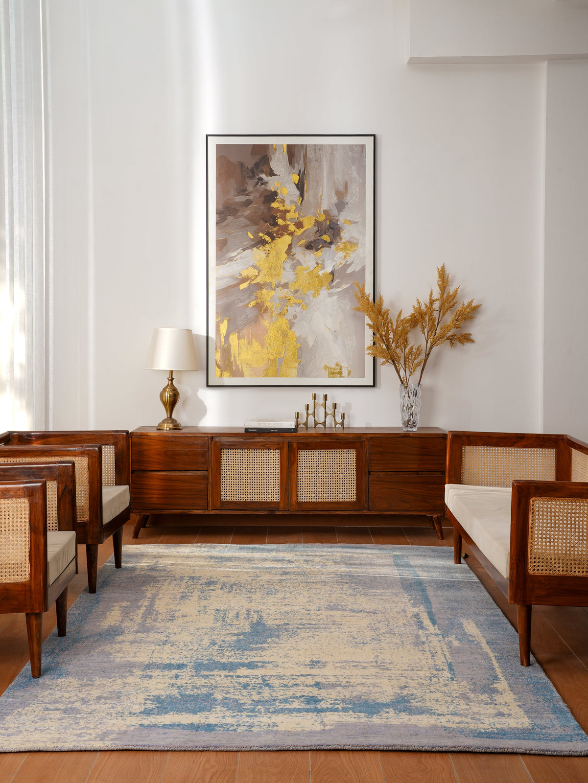 Modern Blue Distressed Hand Knotted Abstract Area Rug
