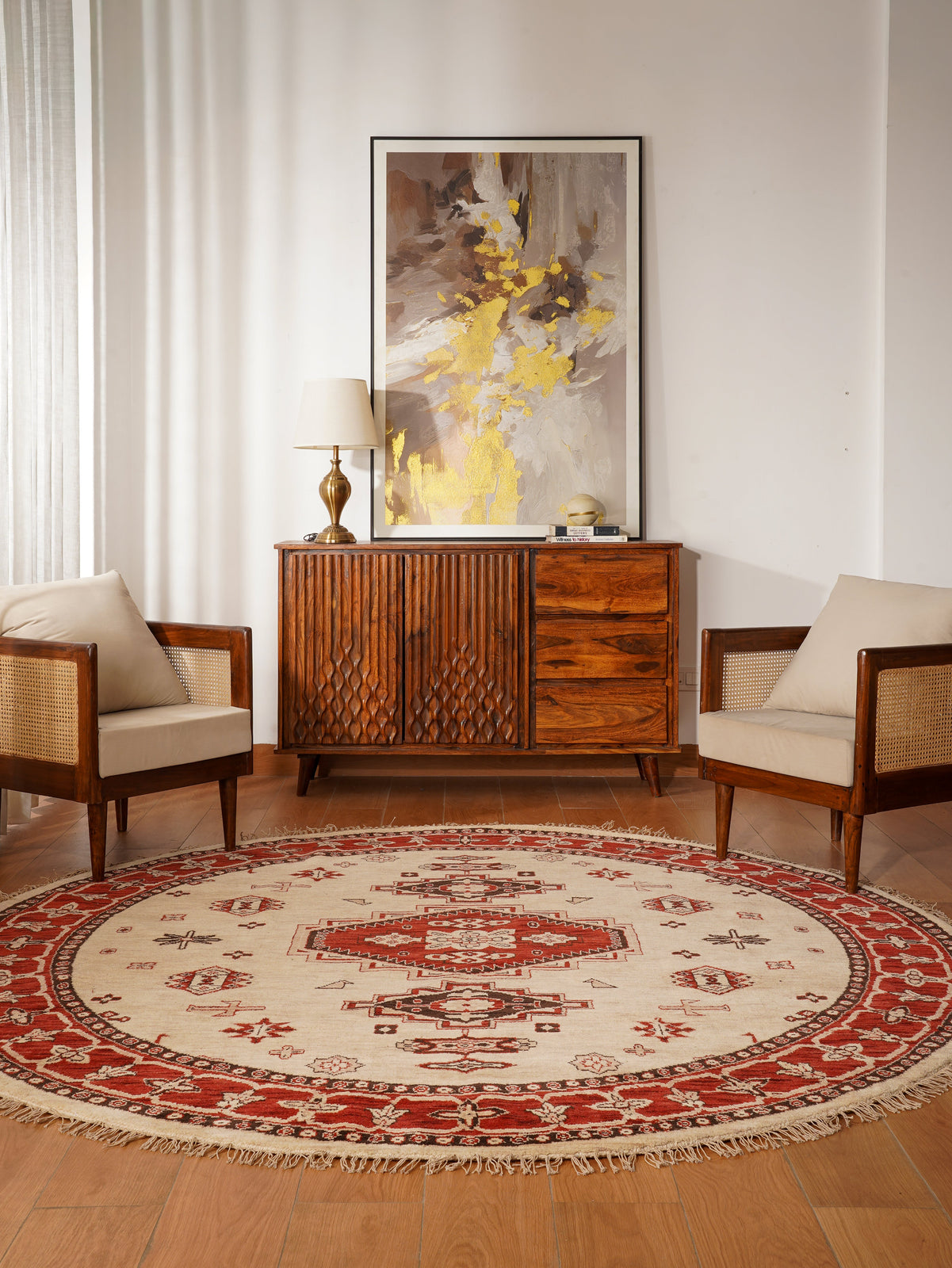 Golden Red Heritage Hand-Knotted Wool Rug with Red Tribal Medallion Design