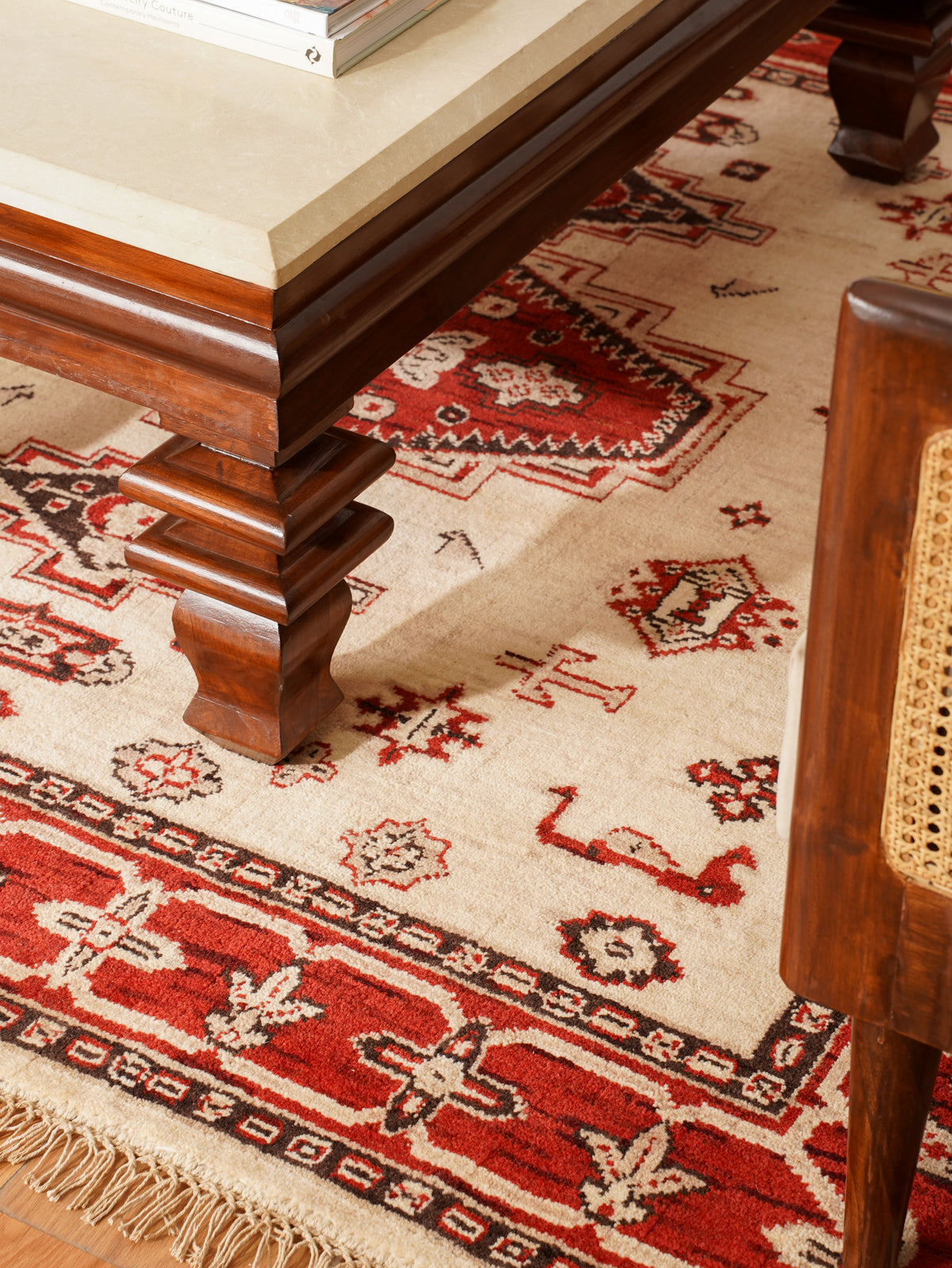 Golden Red Heritage Hand-Knotted Wool Rug with Red Tribal Medallion Design
