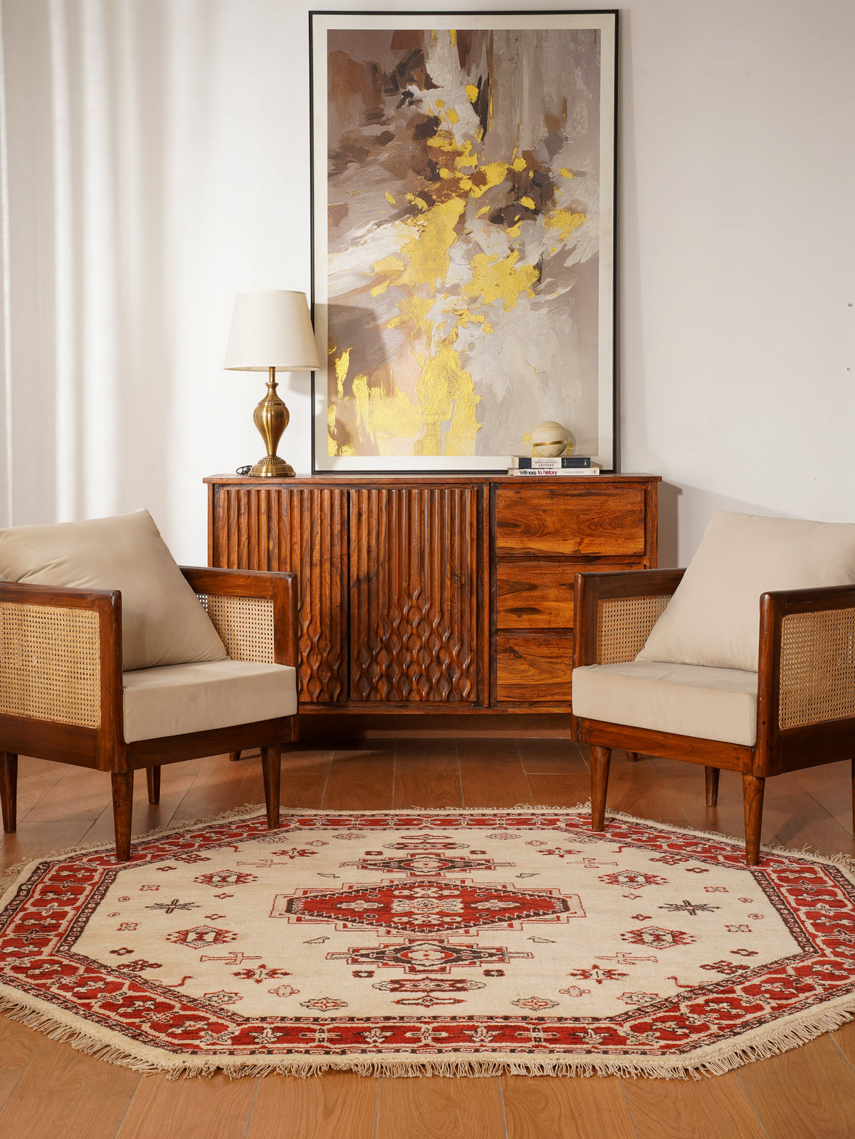 Golden Red Heritage Hand-Knotted Wool Rug with Red Tribal Medallion Design